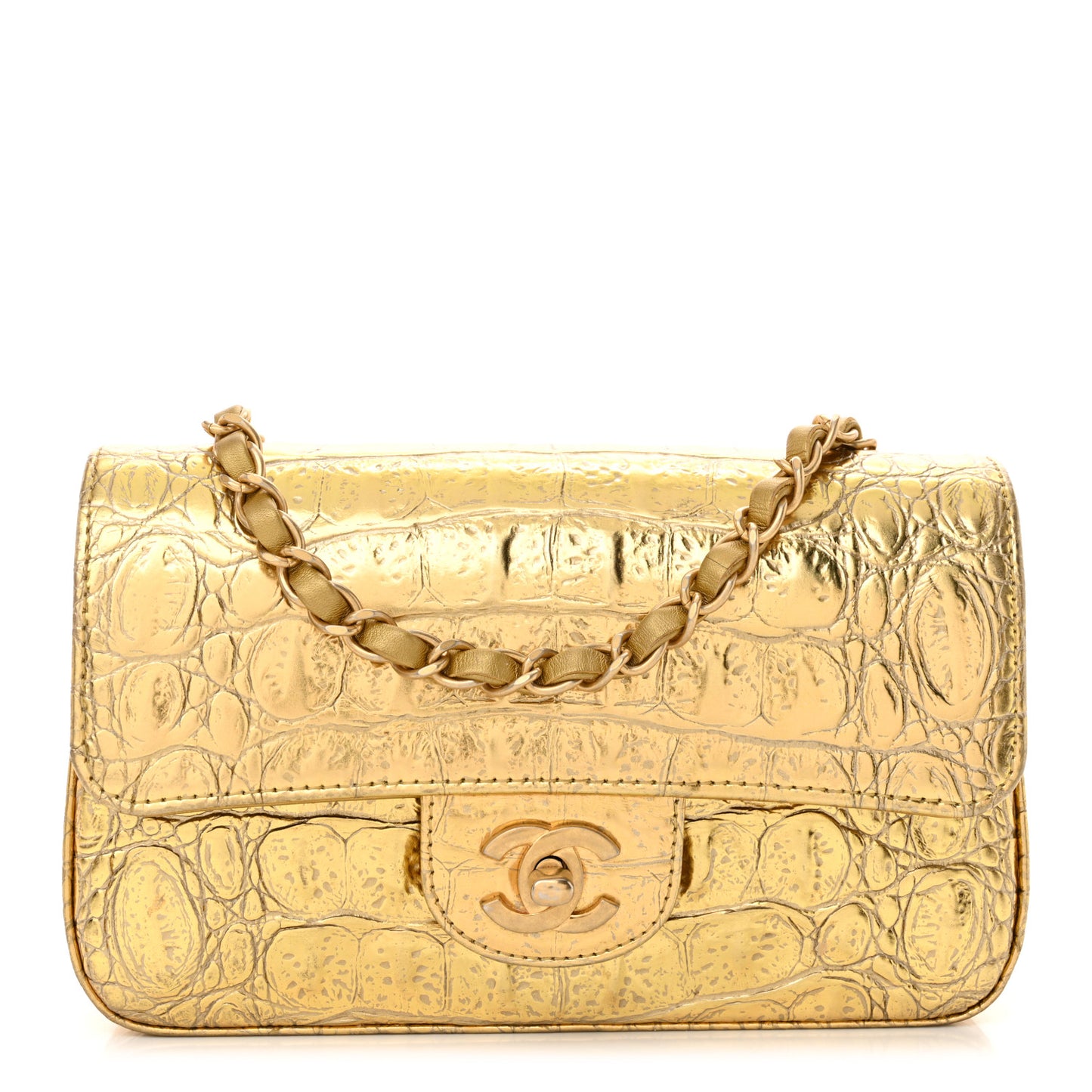 Metallic Calfskin Crocodile Embossed Cocodile Rectangular Mini Flap Gold
