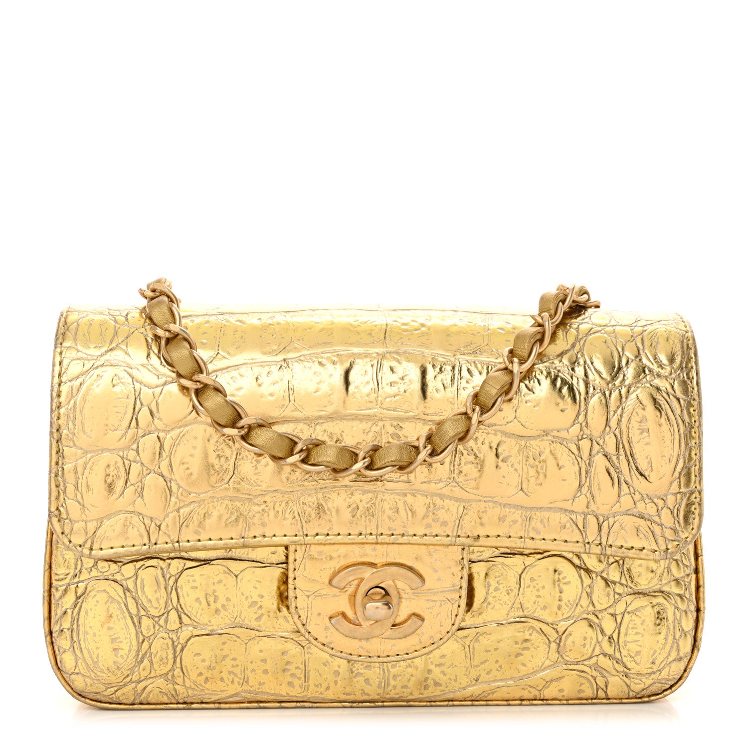 Chanel Metallic Calfskin Crocodile Embossed Cocodile Rectangular Mini Flap Gold 1 of 13