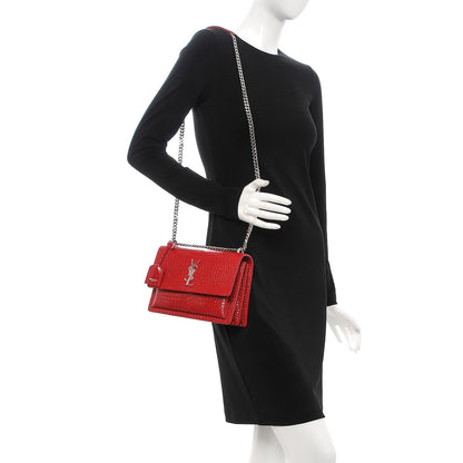Saint Laurent Calfskin Crocodile Embossed Medium Monogram Sunset Rouge Eros 2 of 9