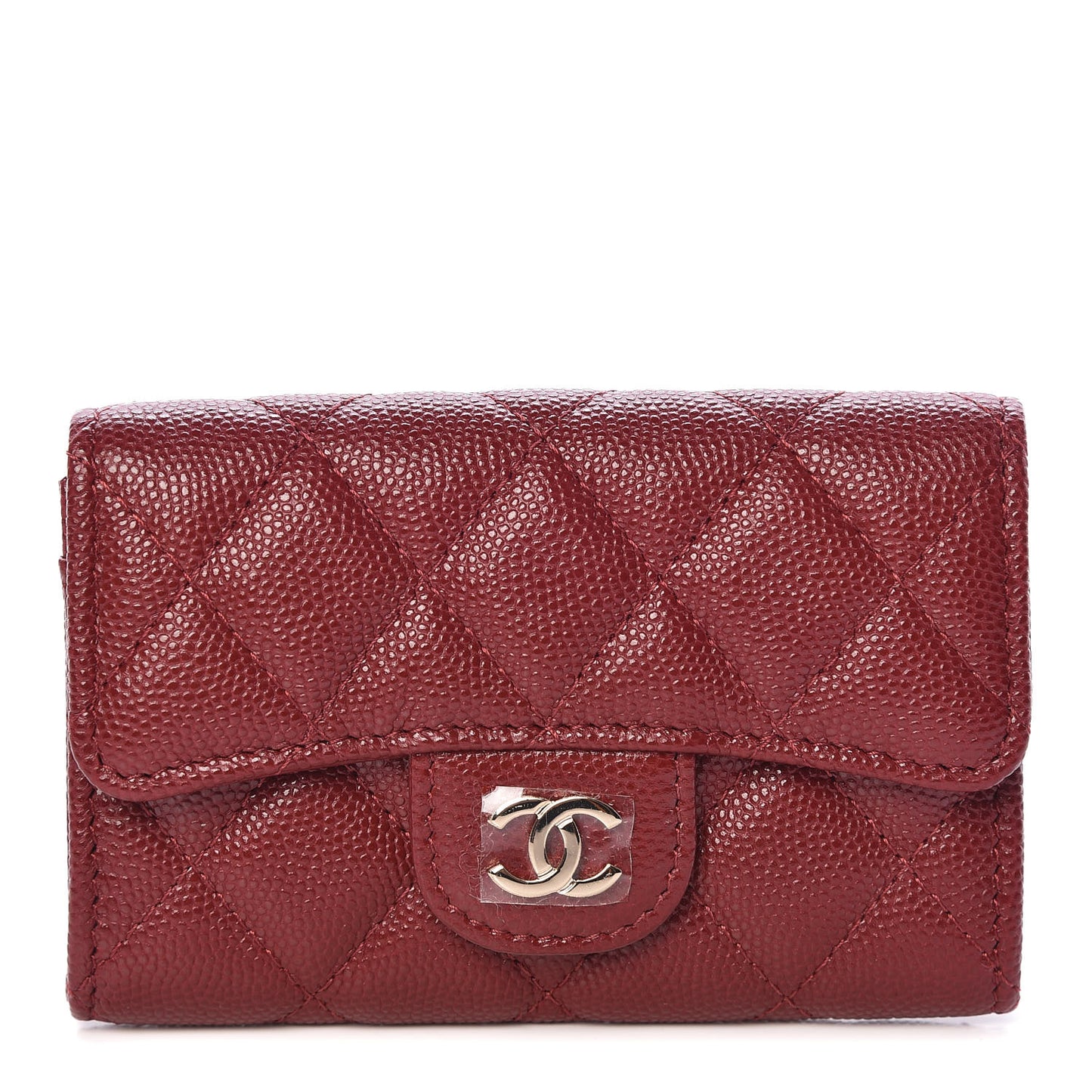 Iridescent Caviar Quilted Flap Card Holder Wallet Burgundy