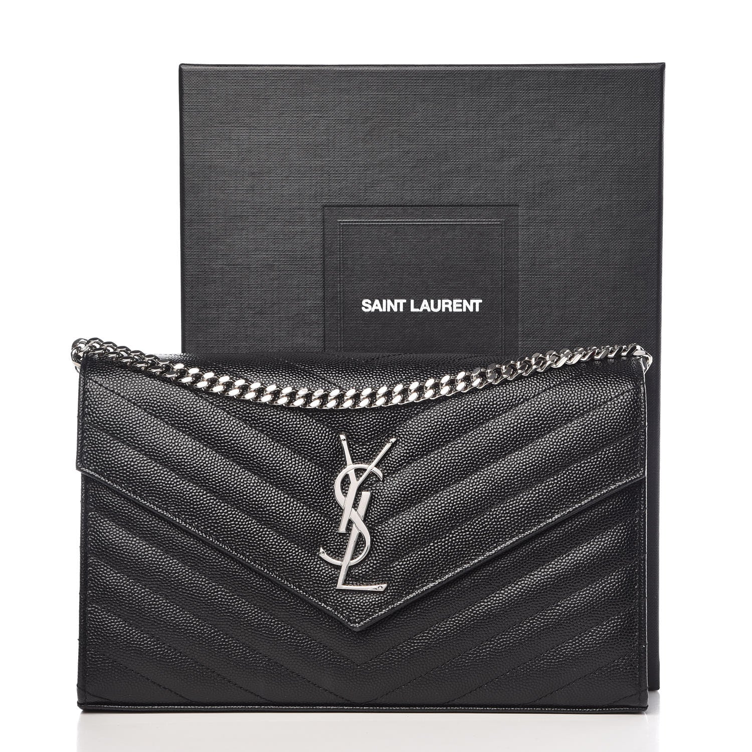Saint Laurent Grain De Poudre Matelasse Chevron Monogram Chain Wallet Black 10 of 10