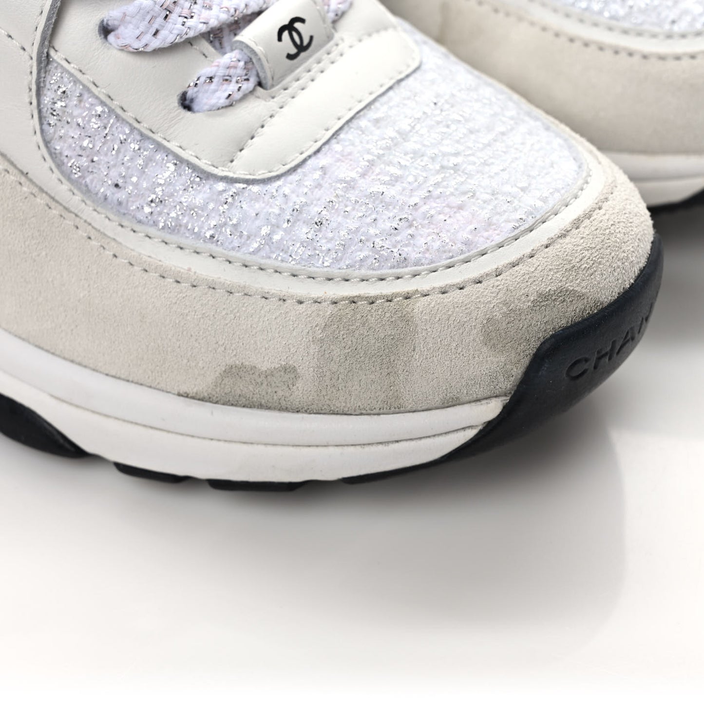 Painted Iridescent Cotton Tweed Suede Calfskin Womens CC Sneakers 38 White Silver Multicolor