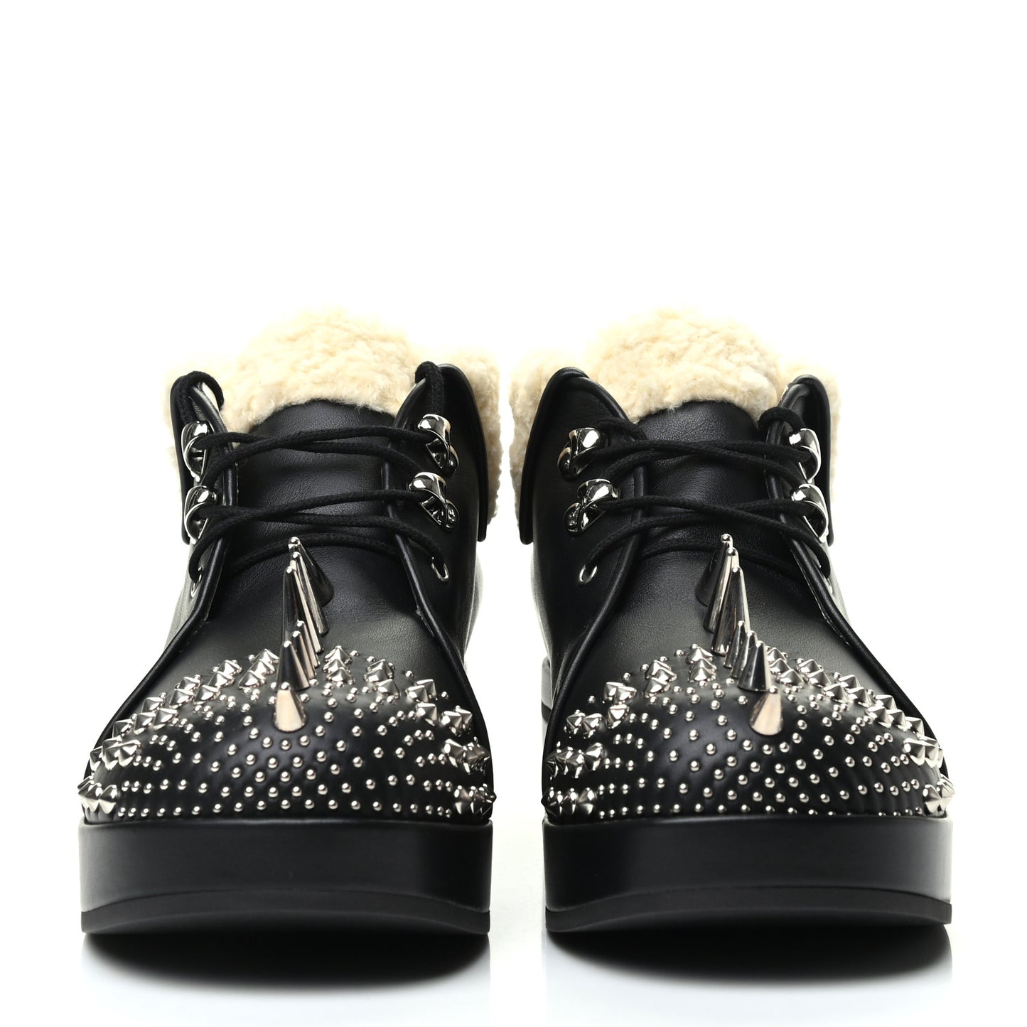 Calfskin Faux Shearling Studded Victor Ankle Boots 38.5 Black Mystic White