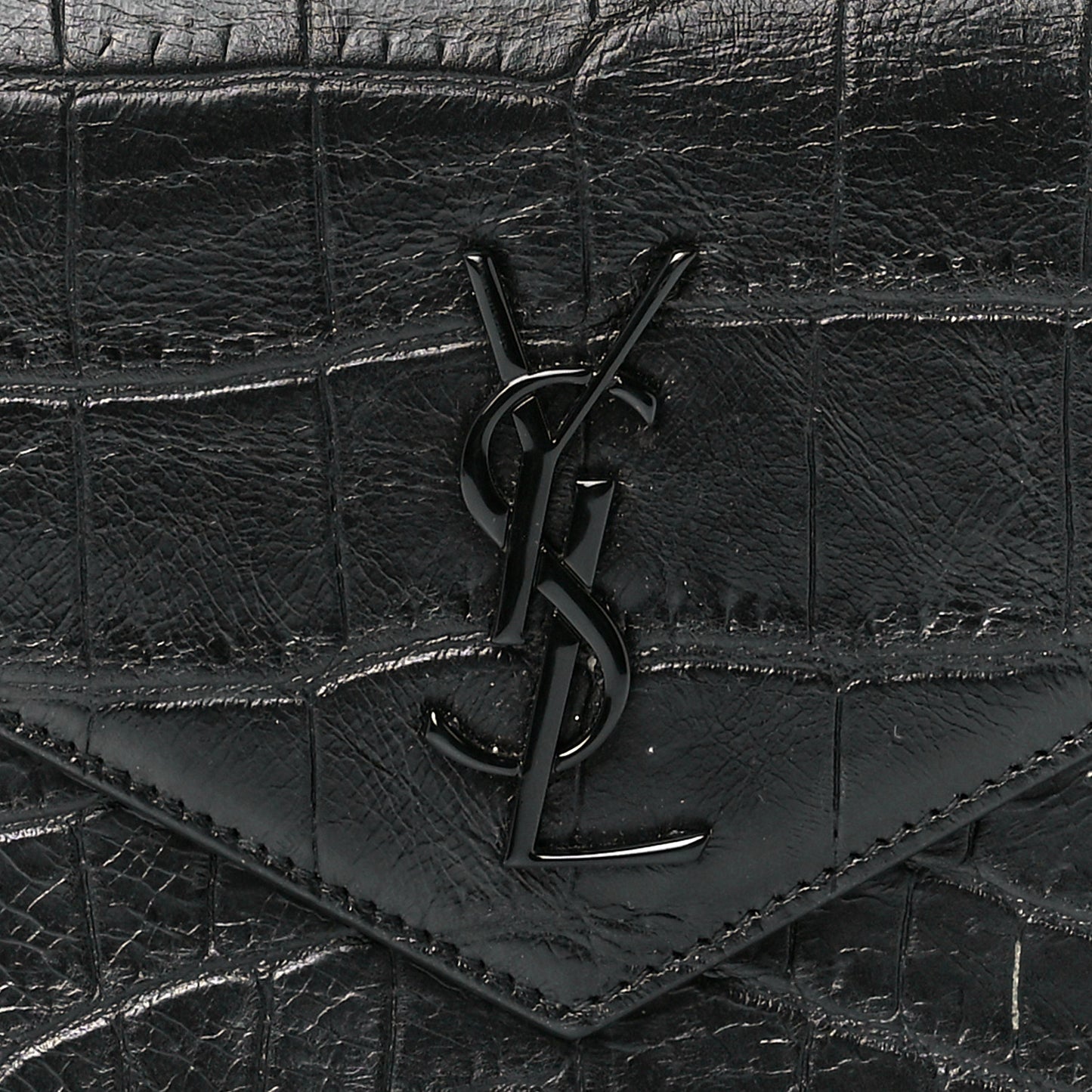 Calfskin Crocodile Embossed Monogram Envelope Chain Wallet Black