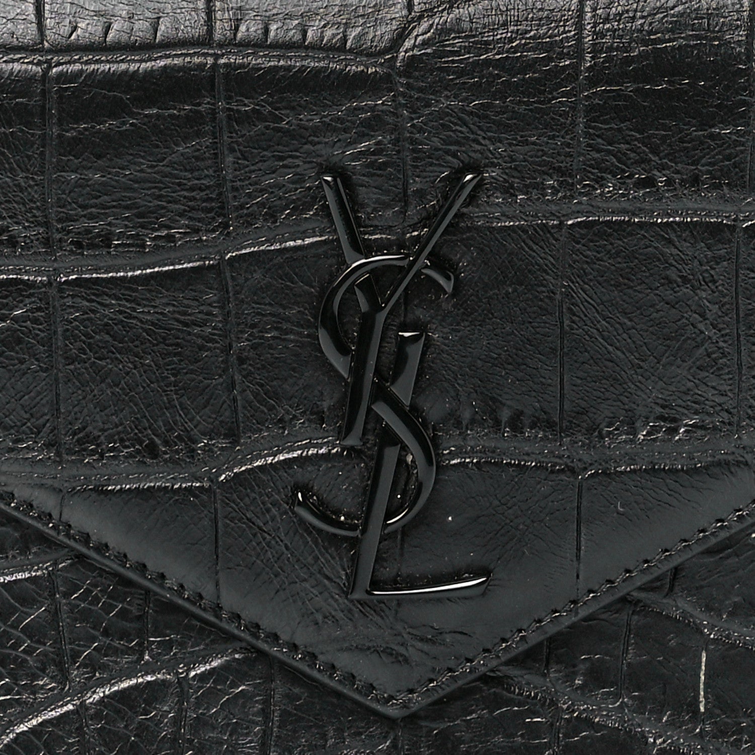 Saint Laurent Calfskin Crocodile Embossed Monogram Envelope Chain Wallet Black 8 of 12