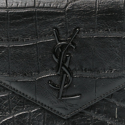 Saint Laurent Calfskin Crocodile Embossed Monogram Envelope Chain Wallet Black 8 of 12
