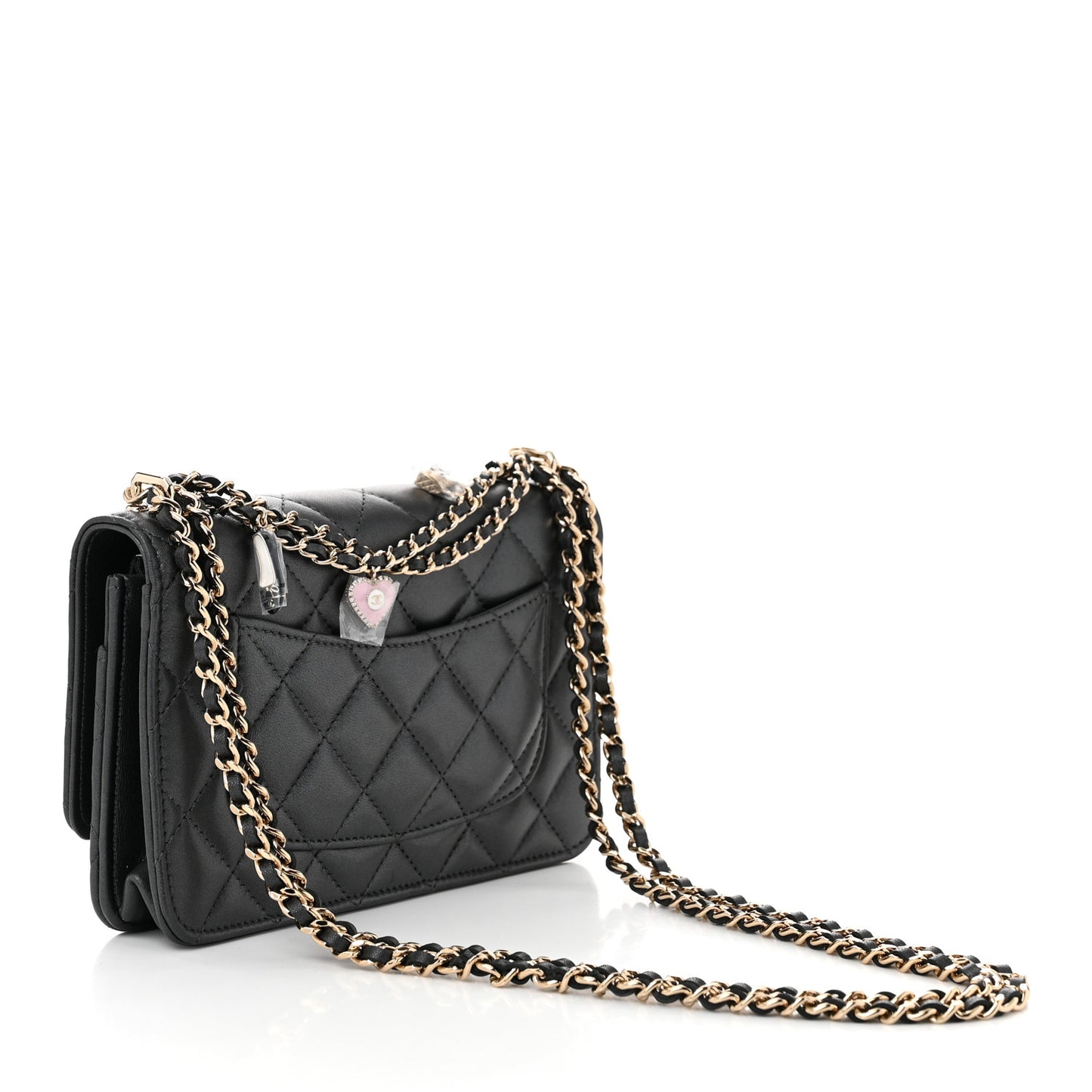 Pearly Lambskin Quilted Charms Wallet On Chain WOC Black