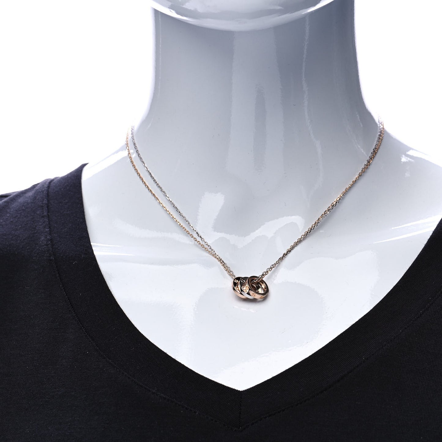 18K White Pink Gold Diamond Three Ring LOVE Pendant Necklace