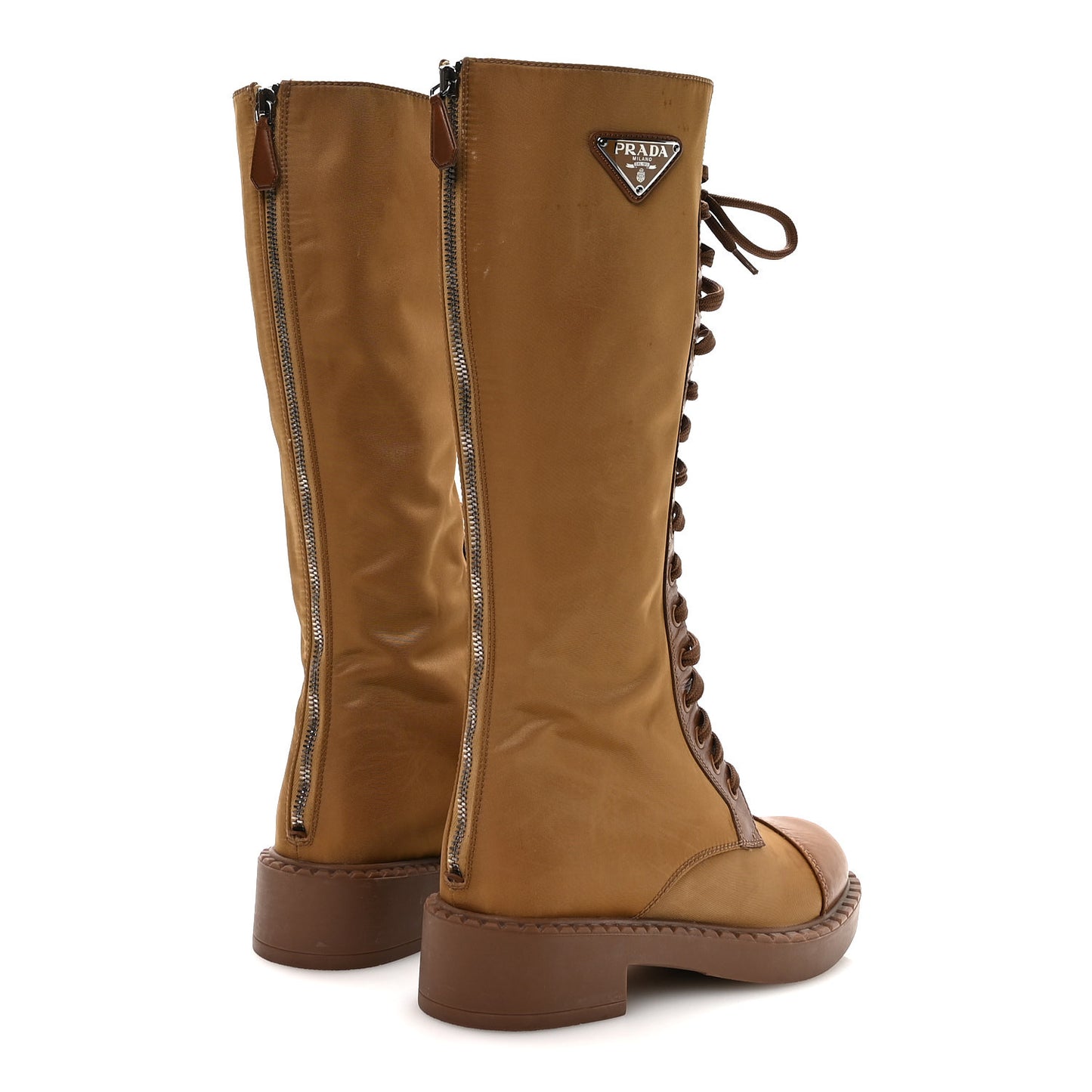 Re-Nylon Spazzolato Rois Metal Triangle Logo Tall 50mm Combat Boots 35.5 Tobacco Brown
