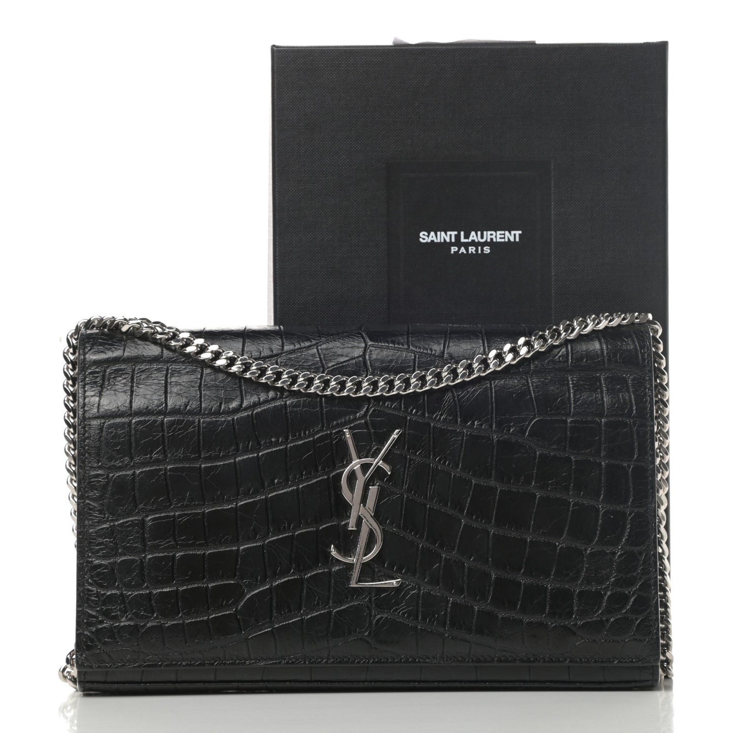 Calfskin Crocodile Embossed Monogram Chain Wallet Black