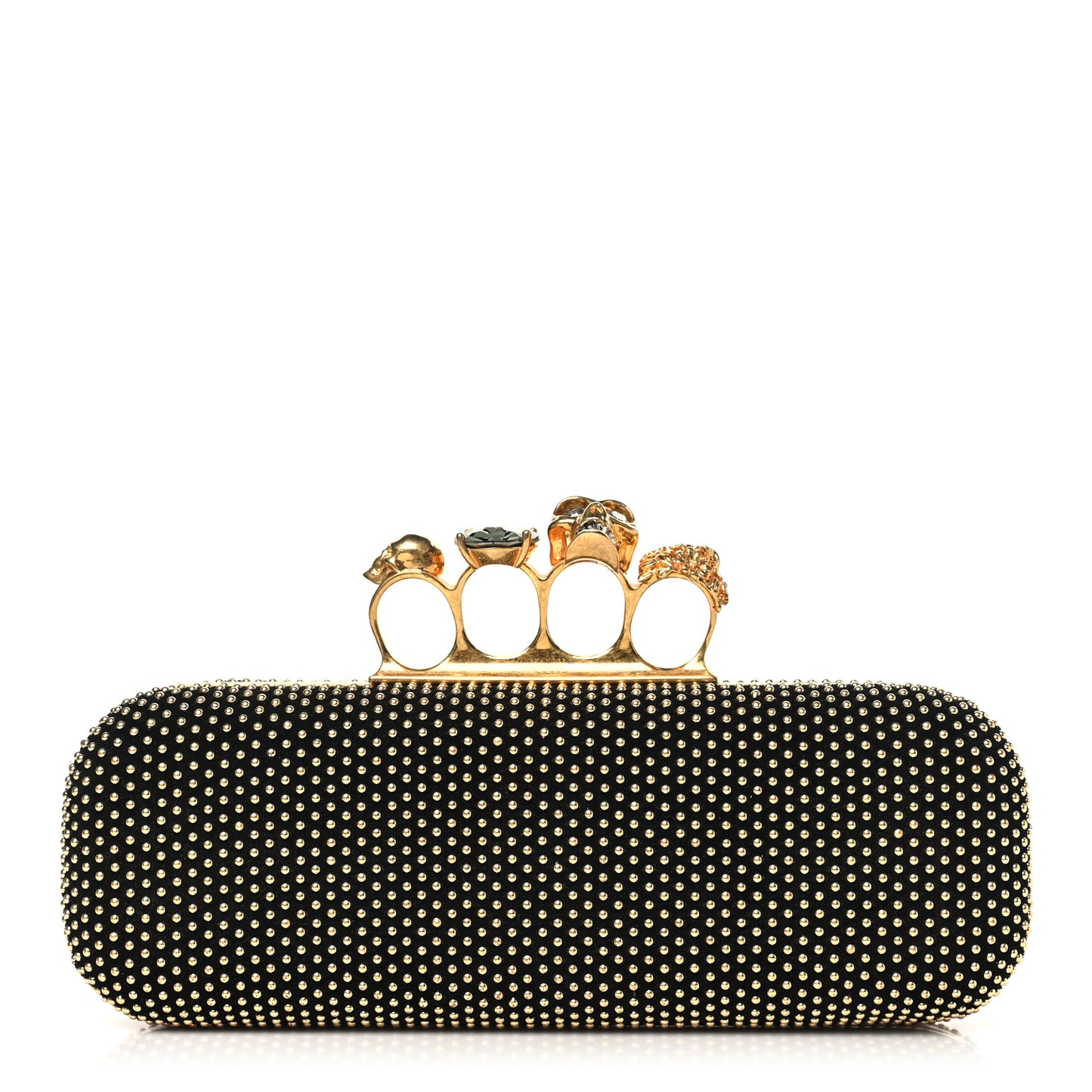 Suede Studded Skull Knuckle Box Clutch Black Gold
