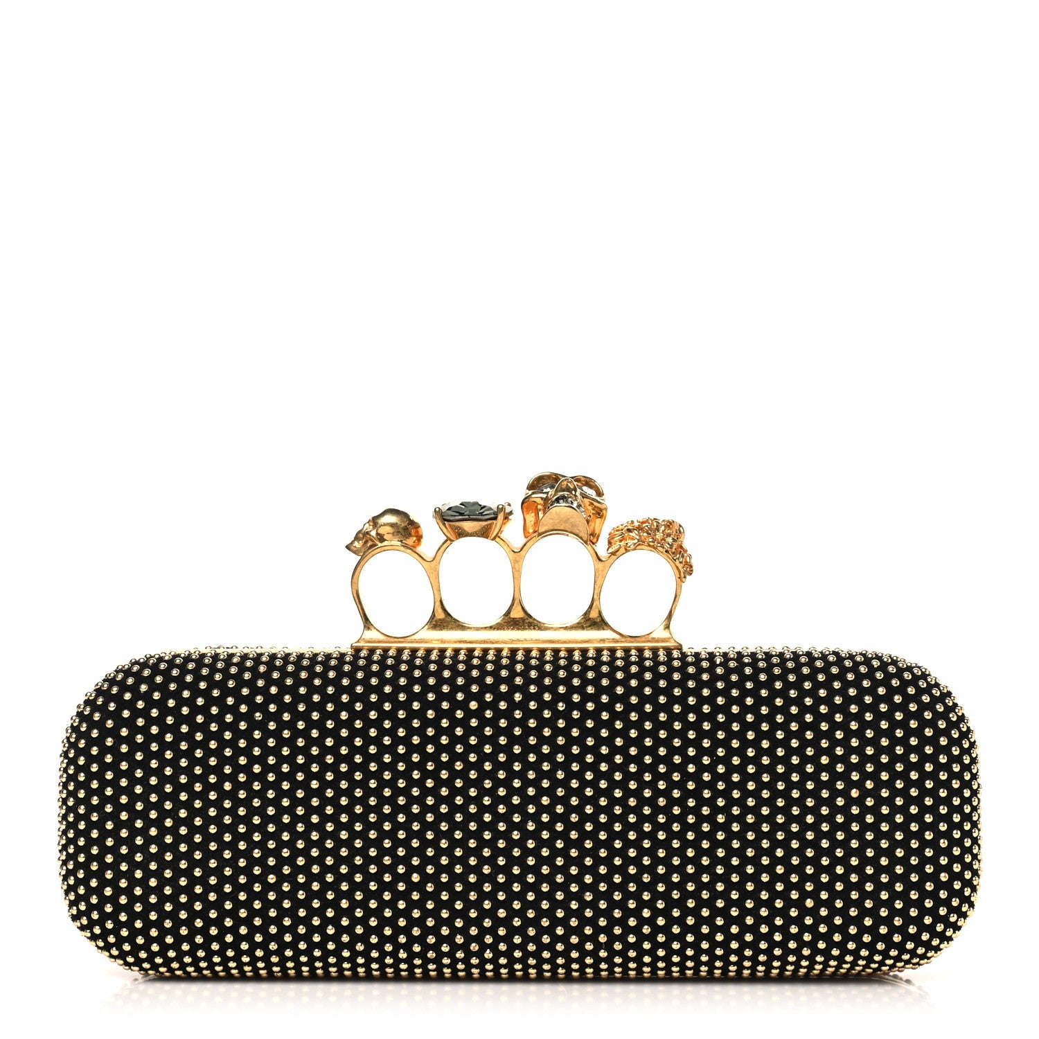 Alexander McQueen Suede Studded Skull Knuckle Box Clutch Black Gold 1 of 10