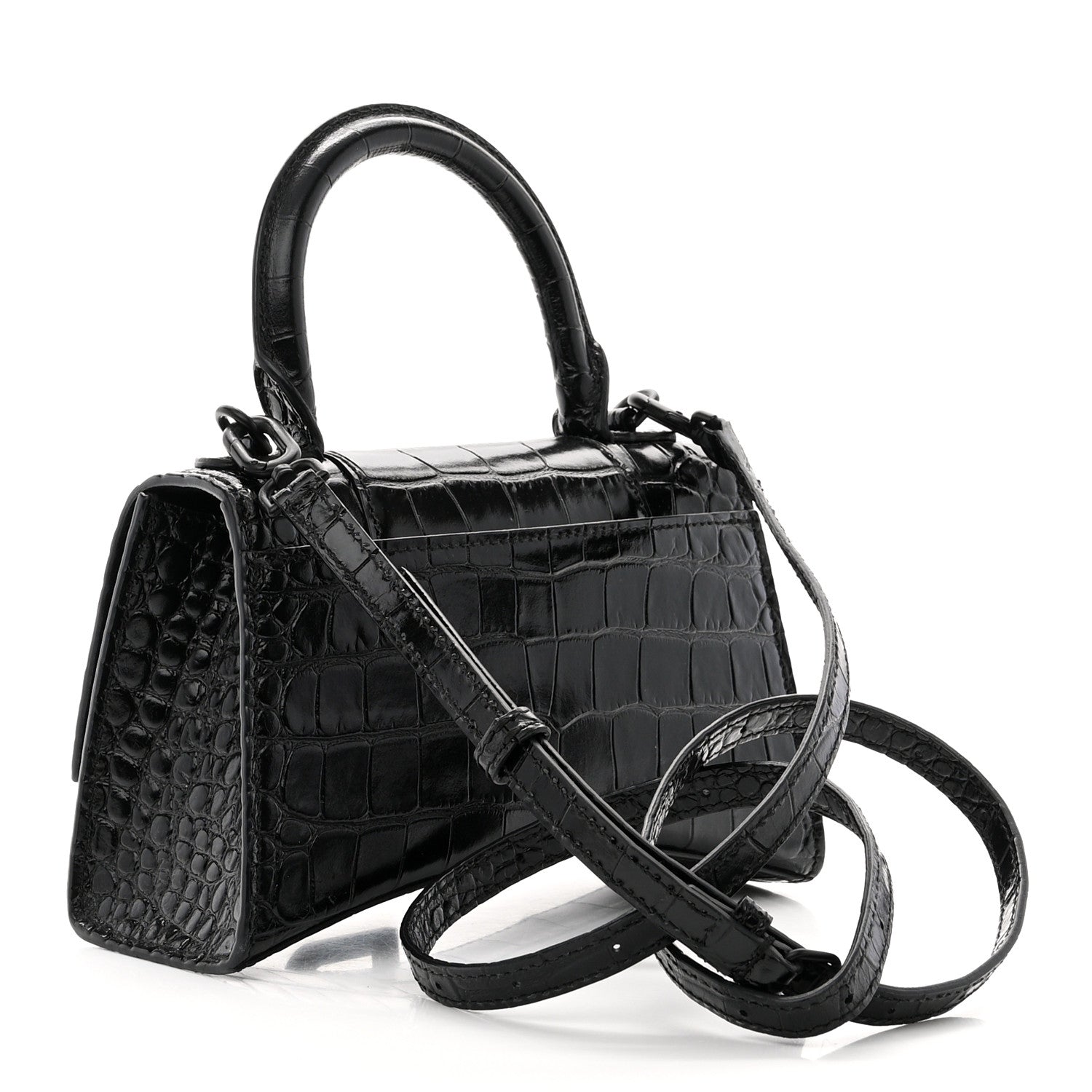 Balenciaga Shiny Calfskin Monochrome Crocodile Embossed Hourglass Top Handle Bag XS Black 3 of 10