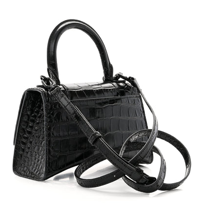 Balenciaga Shiny Calfskin Monochrome Crocodile Embossed Hourglass Top Handle Bag XS Black 3 of 10