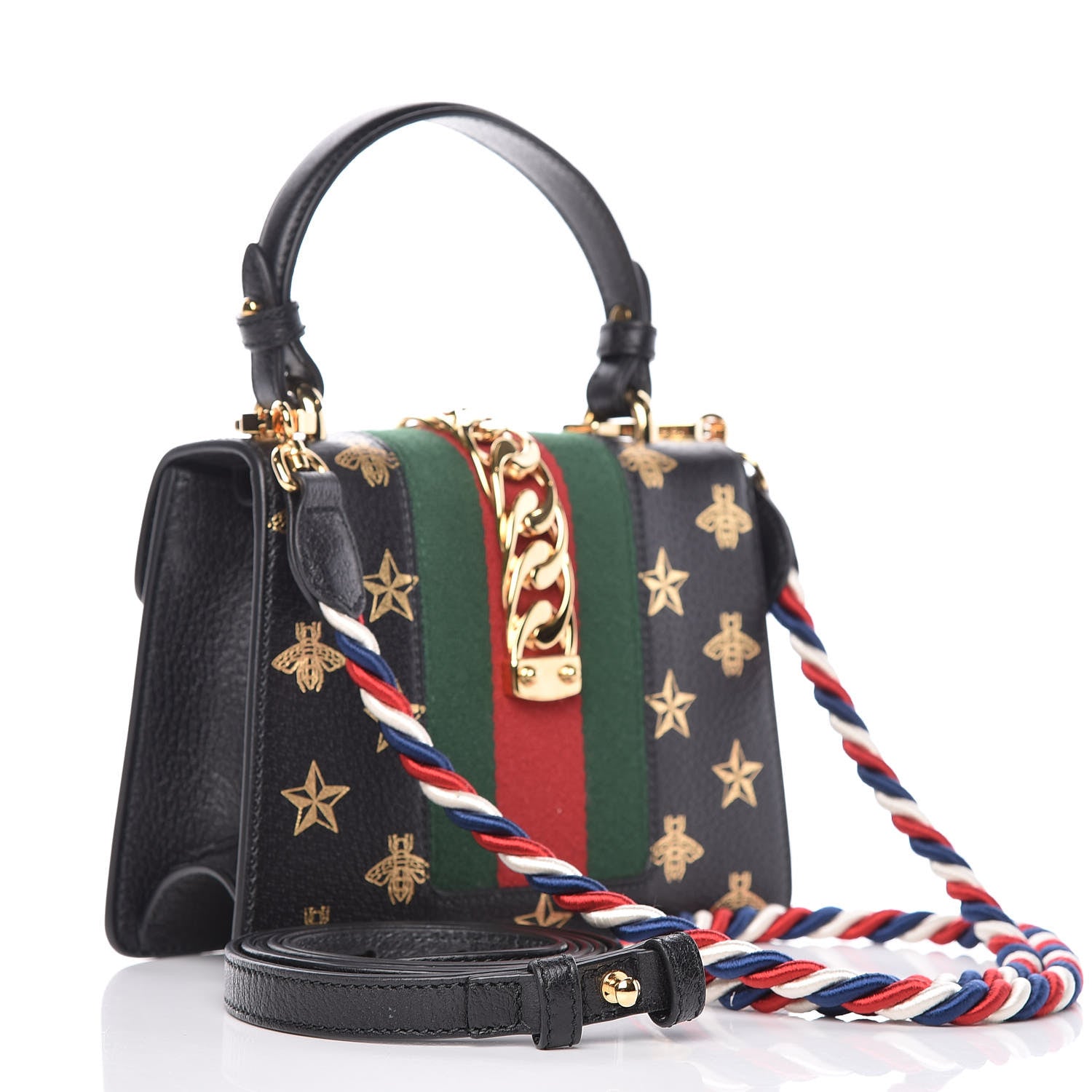Gucci Textured Calfskin Bee Star Print Mini Sylvie Top Handle Bag Black 3 of 9