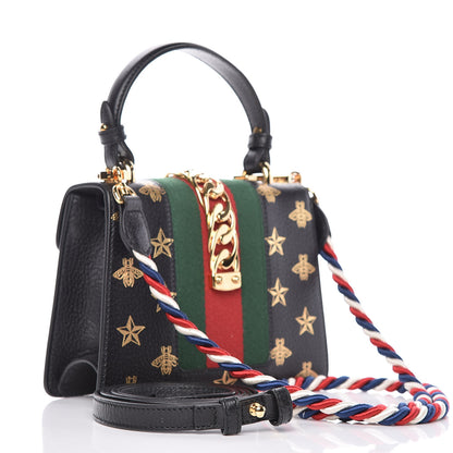 Gucci Textured Calfskin Bee Star Print Mini Sylvie Top Handle Bag Black 3 of 9