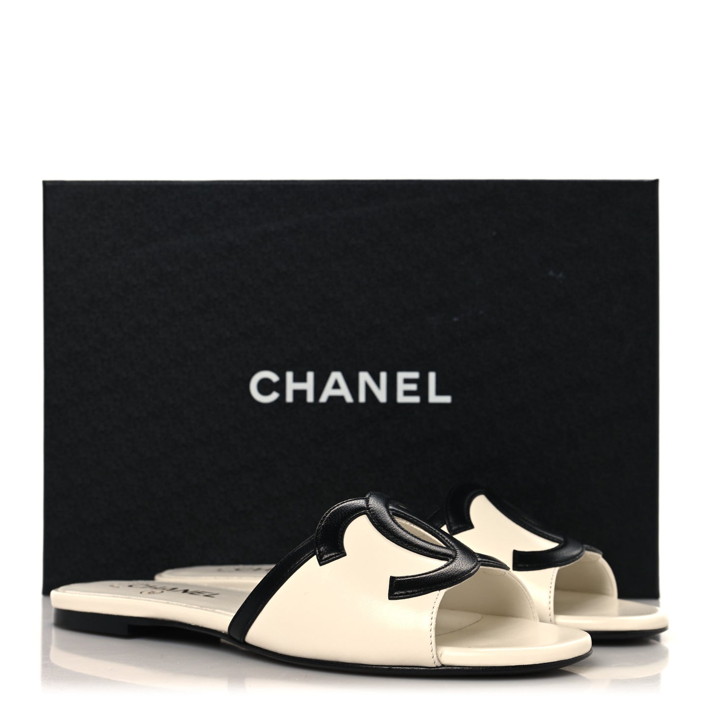 Lambskin CC Cutout Mules 38 Ivory Black