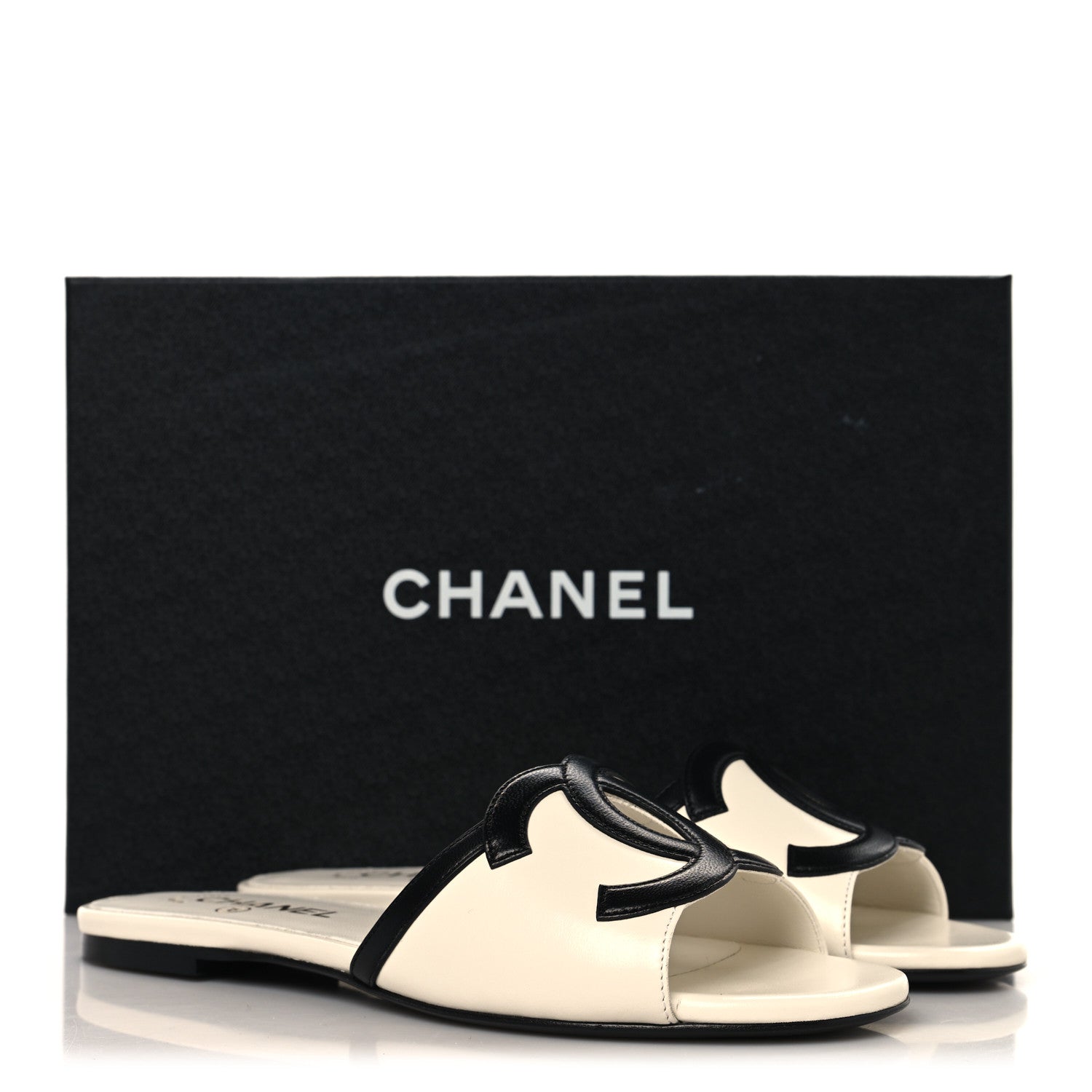 Chanel Lambskin CC Cutout Mules 38 Ivory Black 10 of 10