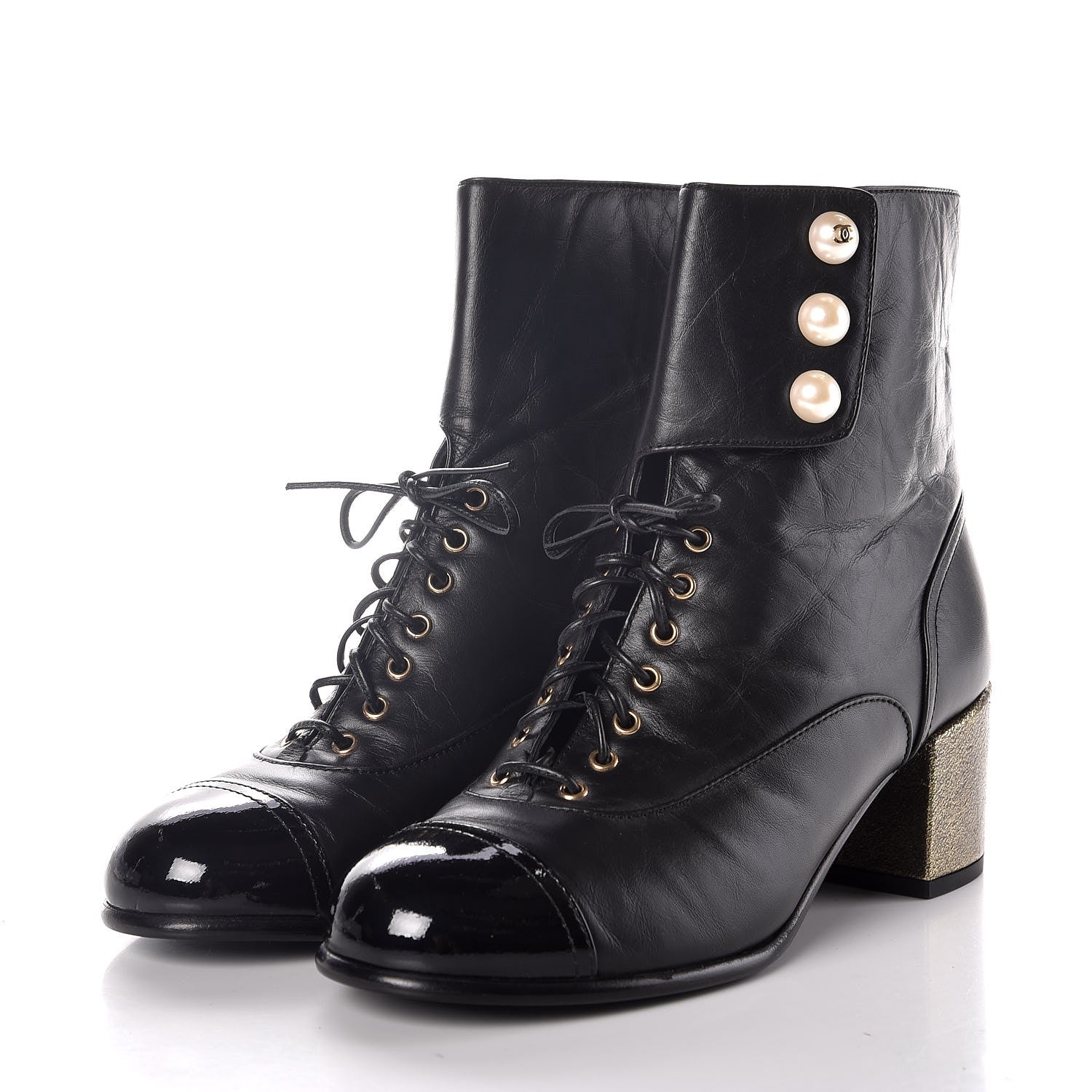 Chanel Calfskin Patent Pearl Short Boots 37.5 Black Gold 2 of 9