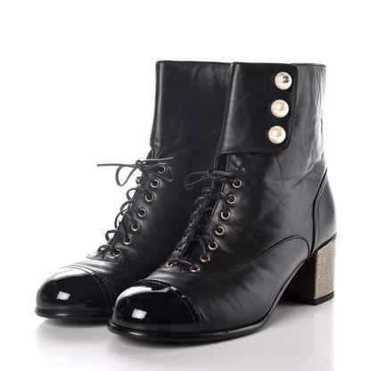 Chanel Calfskin Patent Pearl Short Boots 37.5 Black Gold 2 of 9