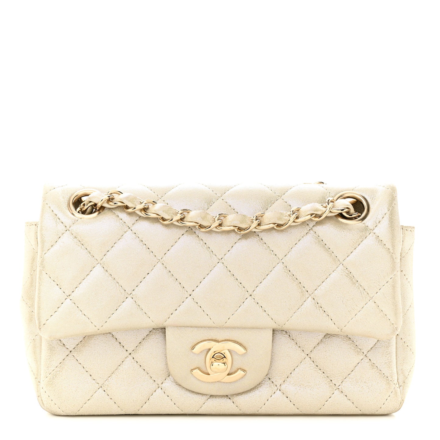 Iridescent Calfskin Quilted Mini Rectangular Flap Light Gold