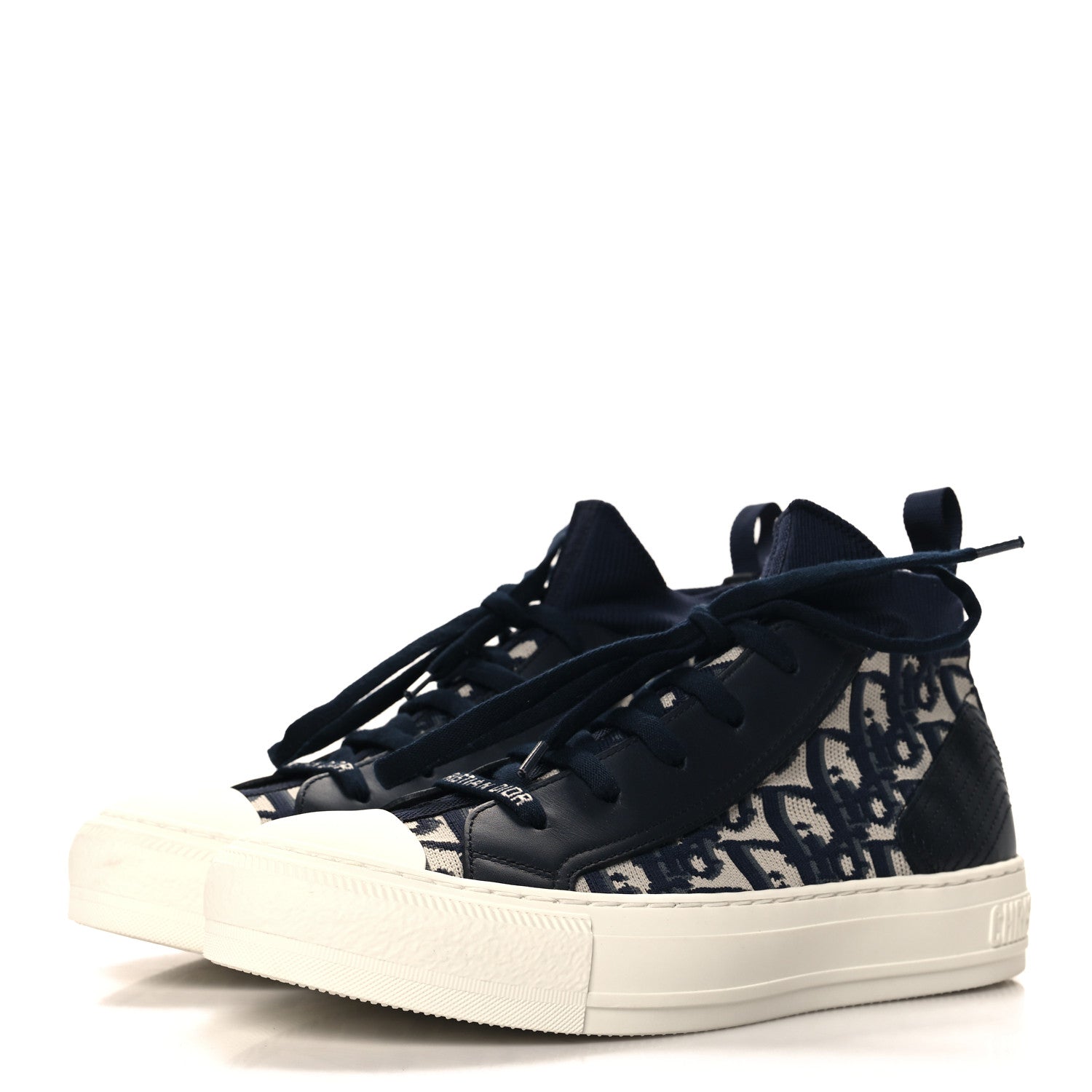 Christian Dior Technical Knit Calfskin Oblique Womens Walk'n Dior Mid Top Sneakers 37.5 Deep Blue 4 of 9