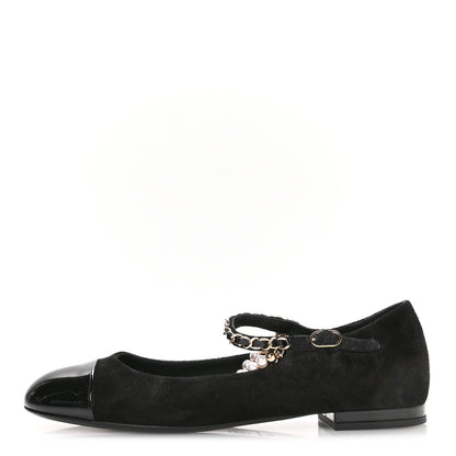Chanel Shiny Lambskin Pearl Cap Toe Ankle Chain Ballerina Flats 40 Black 1 of 9
