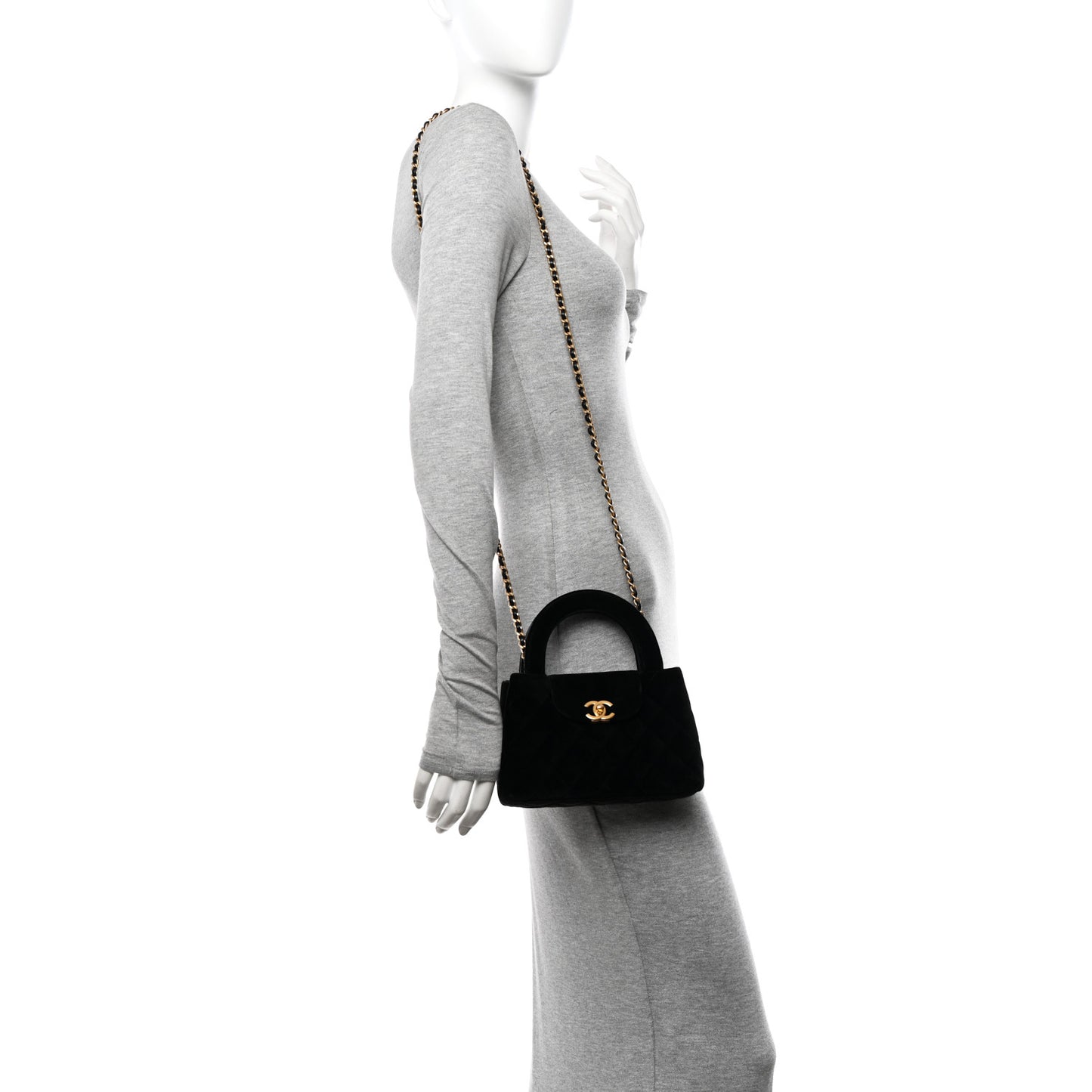 Velvet Quilted Nano Kelly Shopper Black