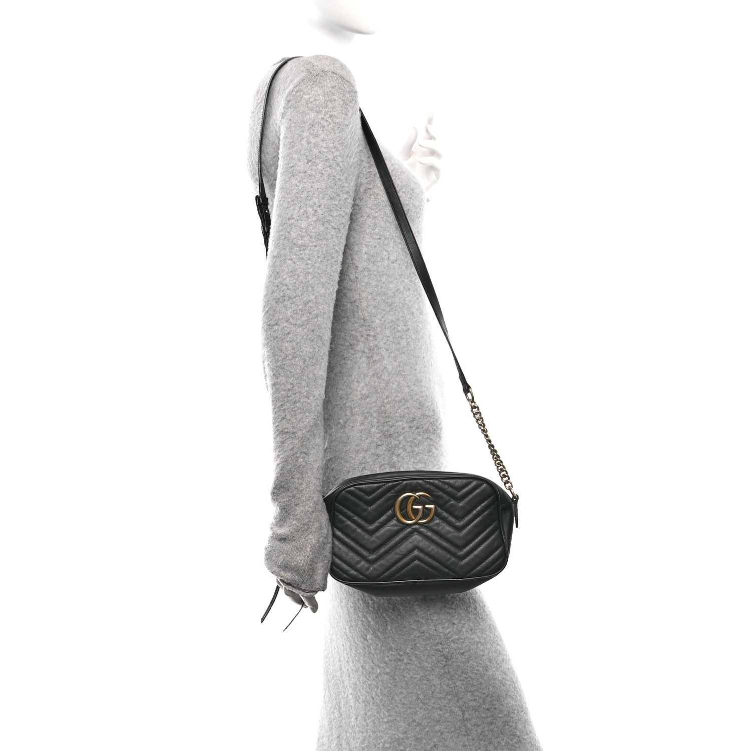 Gucci Calfskin Matelasse Small GG Marmont Chain Shoulder Bag Black 3 of 13