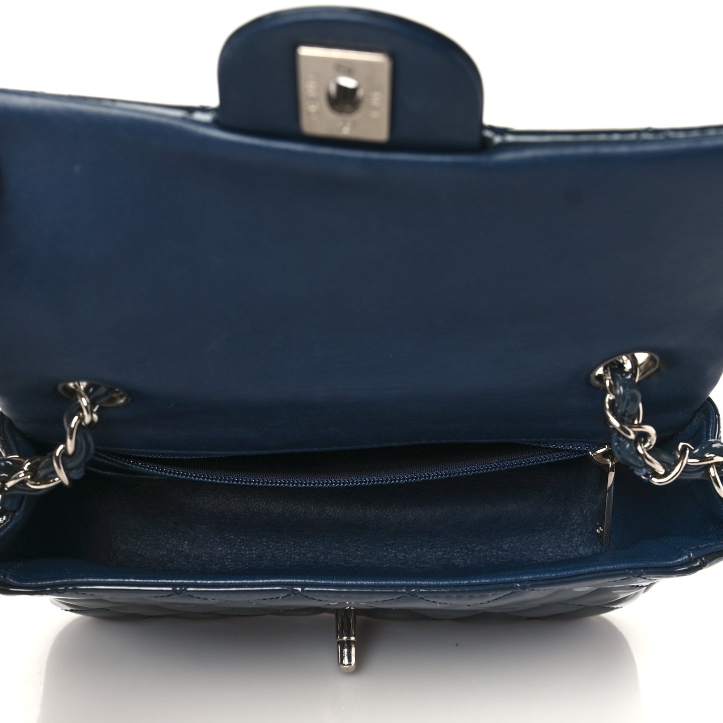 Patent Calfskin Quilted Mini Rectangular Flap Navy Blue