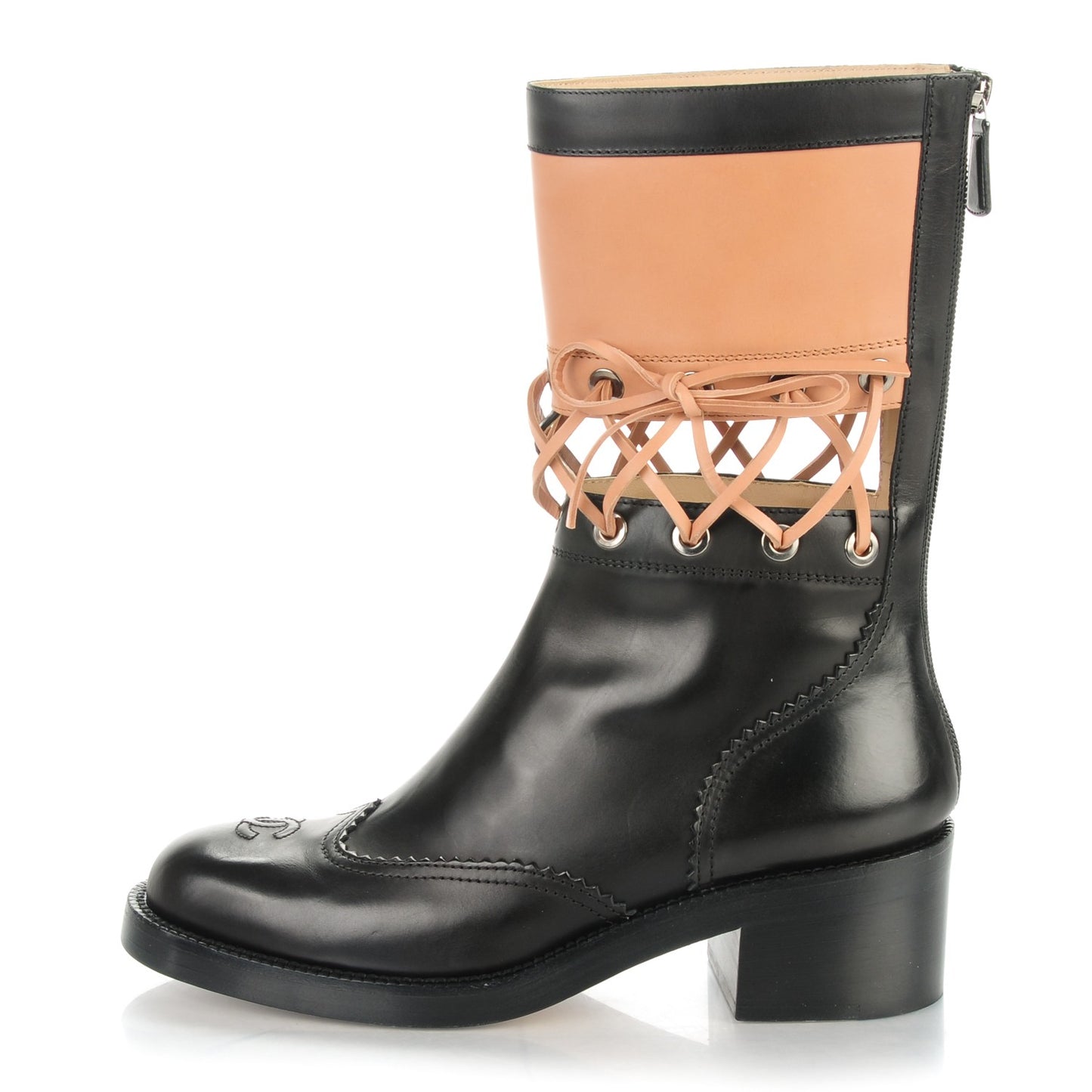 Calfskin Lace Up Short Boots 39.5 Black Beige