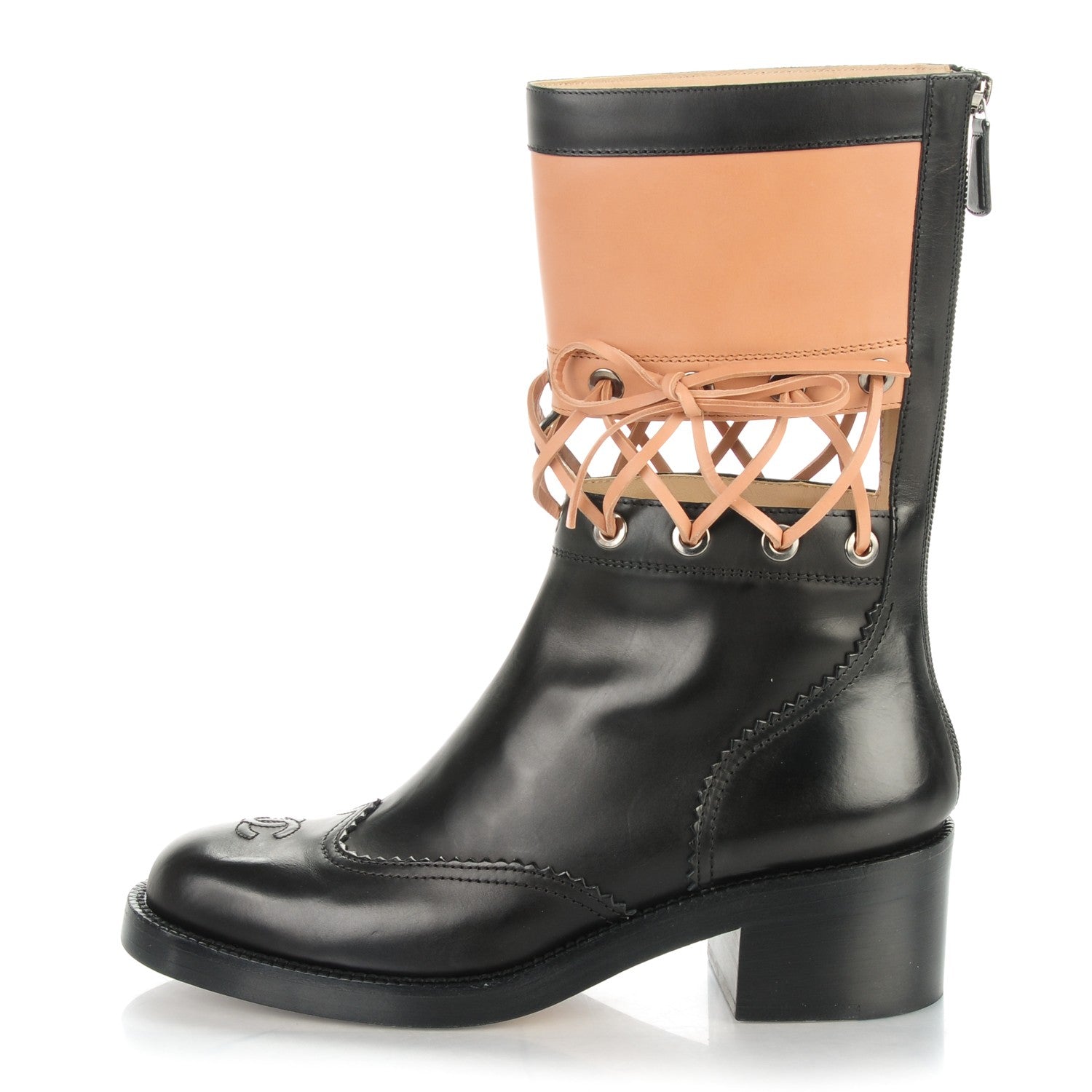 Chanel Calfskin Lace Up Short Boots 39.5 Black Beige 1 of 7
