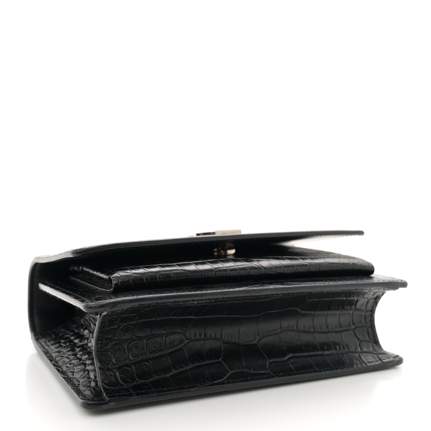 Saint Laurent Calfskin Crocodile Embossed Monogram Sunset Chain Wallet Black 4 of 13