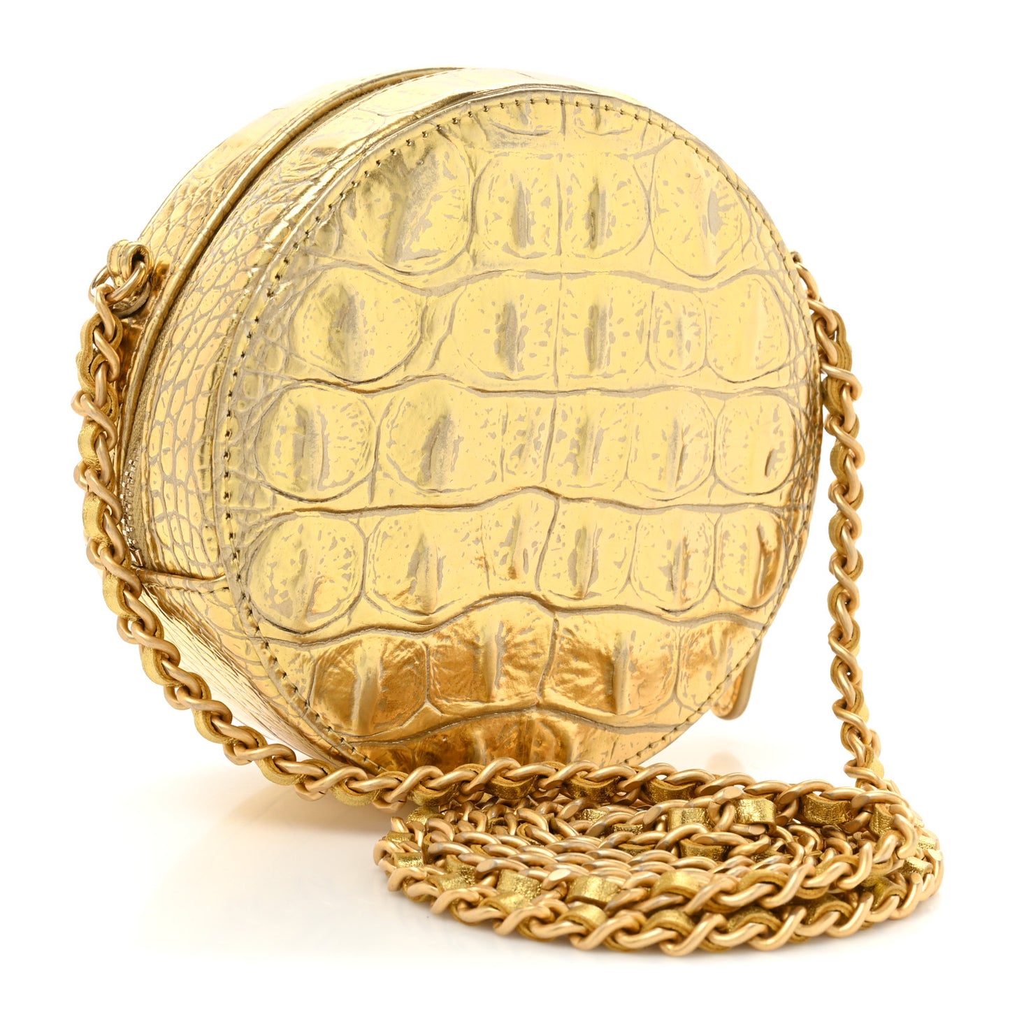 Metallic Calfskin Crocodile Embossed Cocodile Round Clutch with Chain Gold