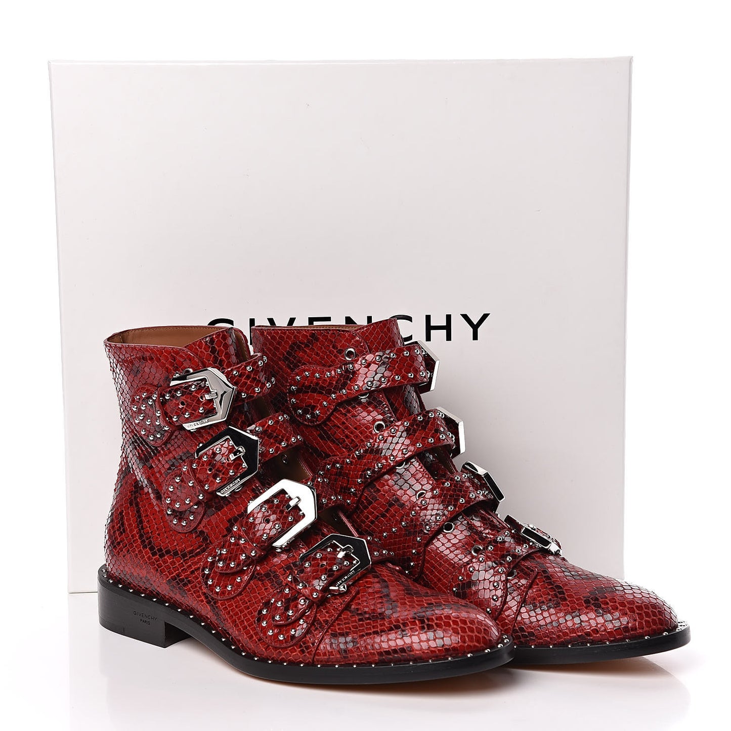 Calfskin Python Embossed Studded Elegant Flat Ankle Bootie 38 Red