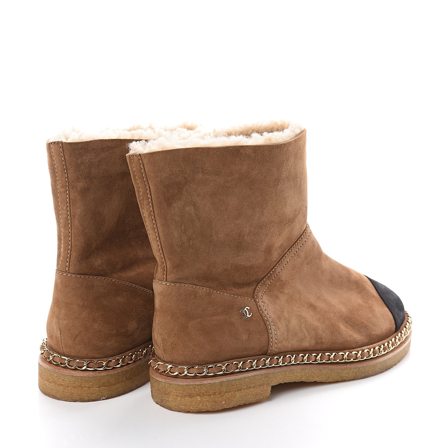 Kid Suede Shearling Womens Cap Toe Chain Short Boots 41.5 Light Brown Black