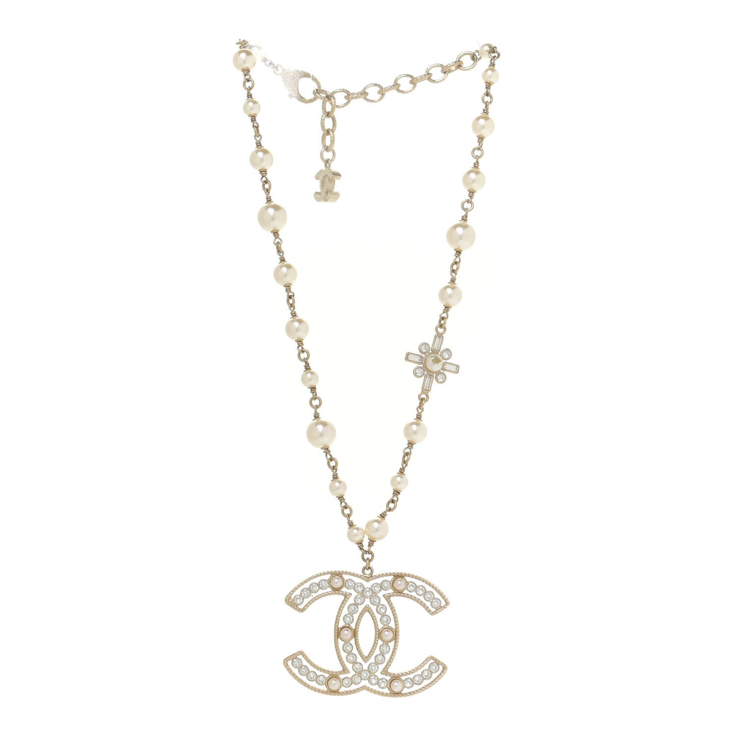 Crystal Baguette Pearl CC Cross Pendant Necklace Gold