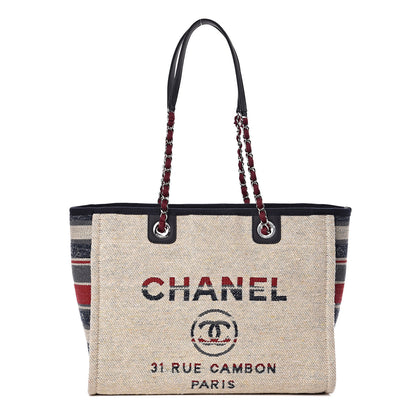 Chanel Striped Canvas Small Deauville Tote Beige 1 of 10