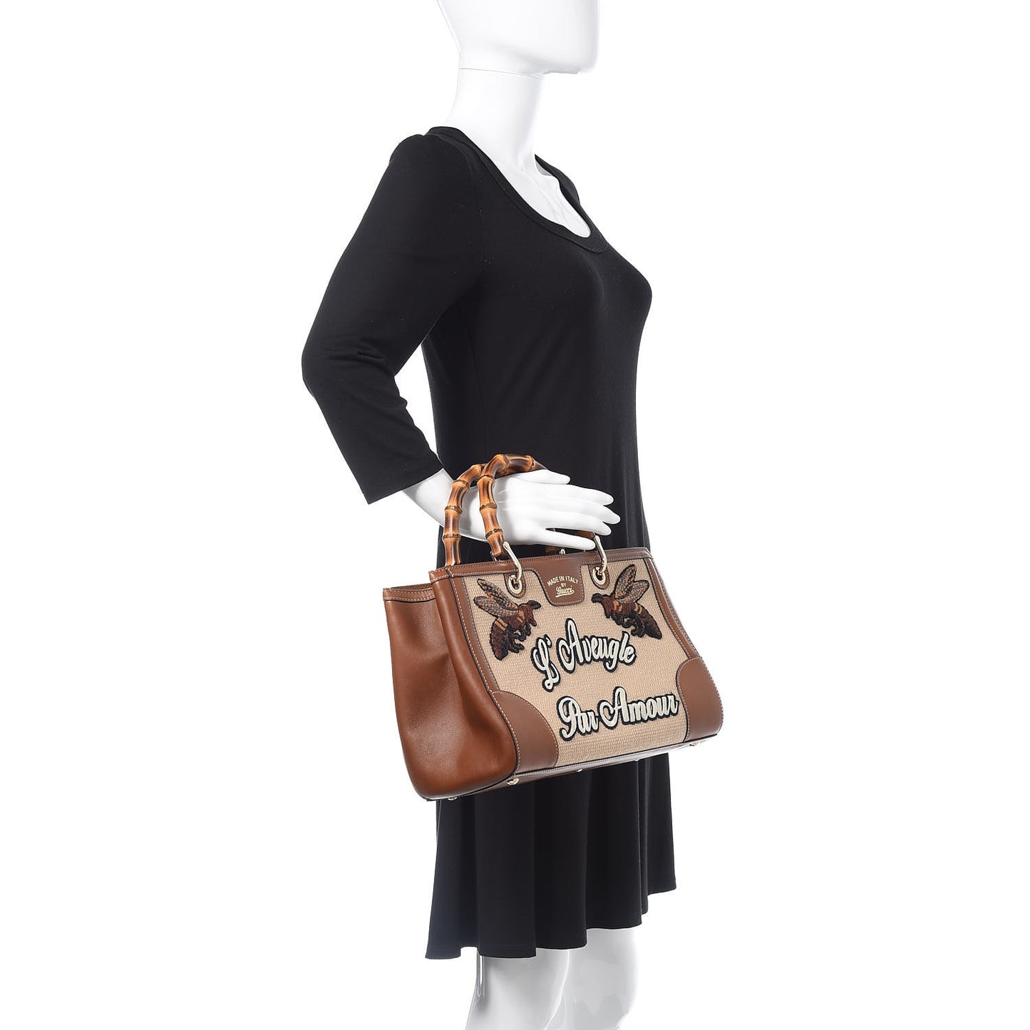 Calfskin L'Aveugle Par Amour Embroidered Medium Bamboo Shopper Tote Brown