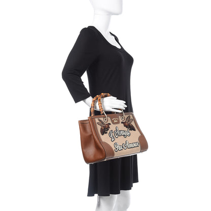Gucci Calfskin L'Aveugle Par Amour Embroidered Medium Bamboo Shopper Tote Brown 2 of 11