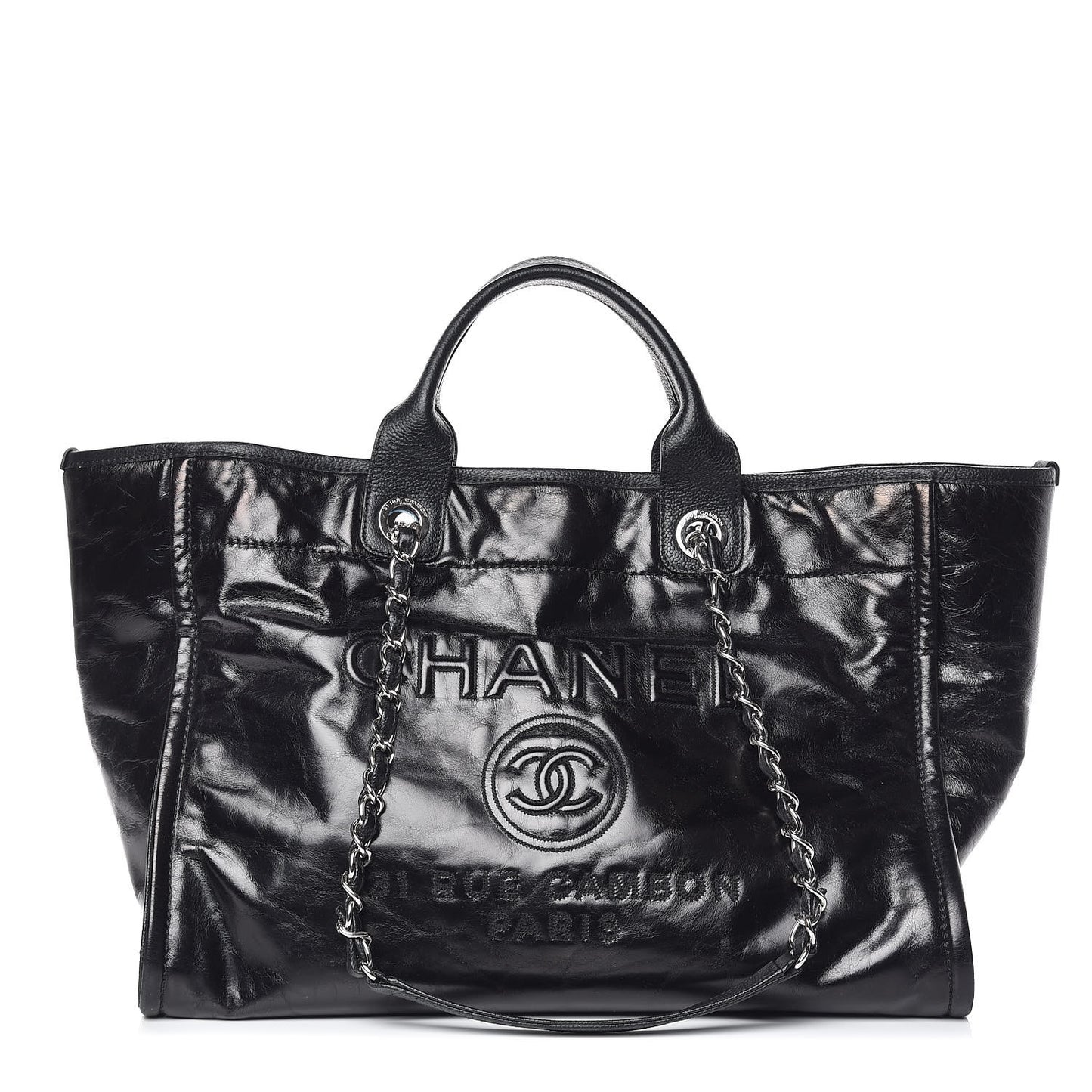 Glazed Calfskin Large Deauville Tote Black