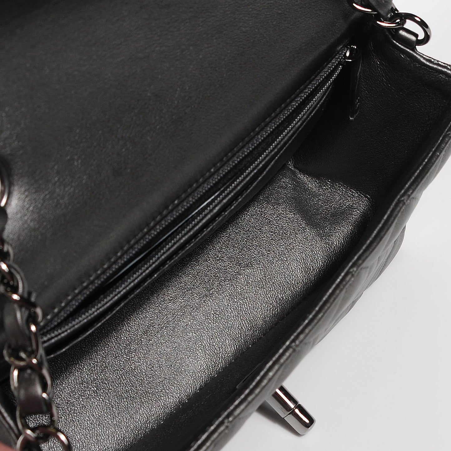Metallic Lambskin Quilted Mini Rectangular Flap Dark Grey