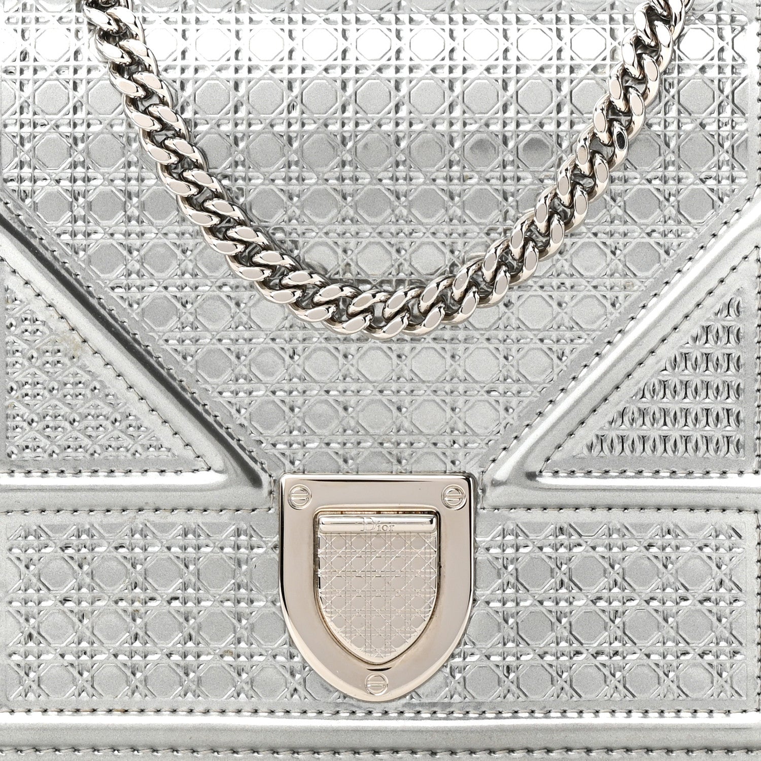 Christian Dior Metallic Patent Micro-Cannage Diorama Wallet on Chain Pouch Silver 7 of 14