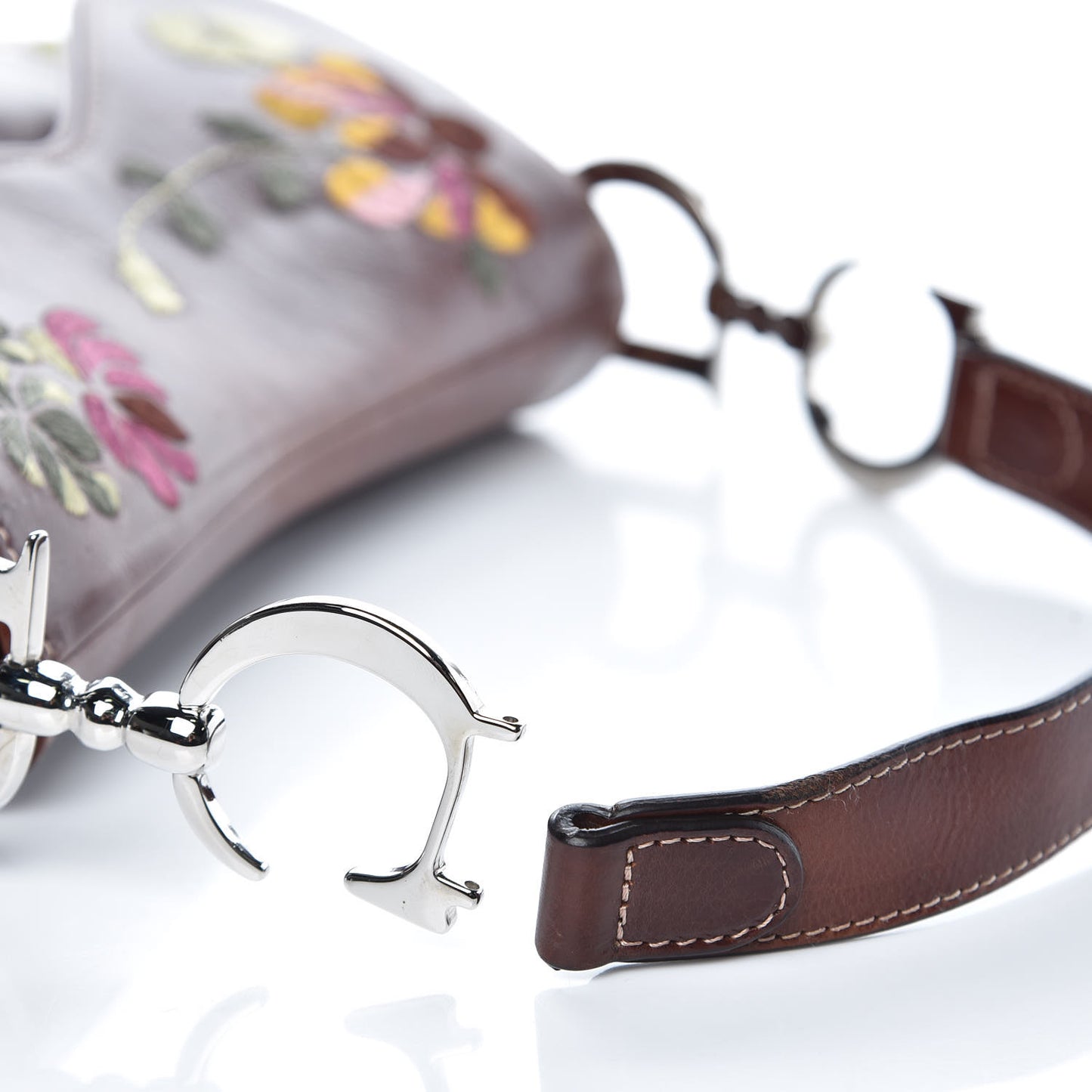 Calfskin Embroidered Romantic Flowers Saddle Bag Brown