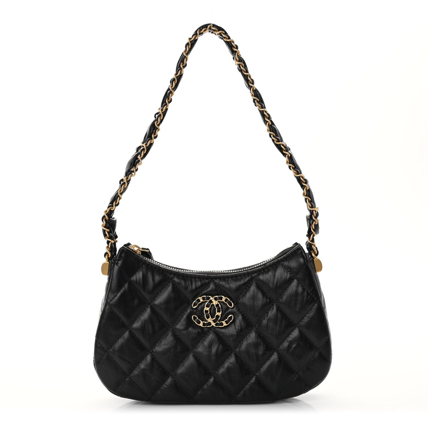 Crumpled Calfskin Quilted Braided CC Small Hobo Black