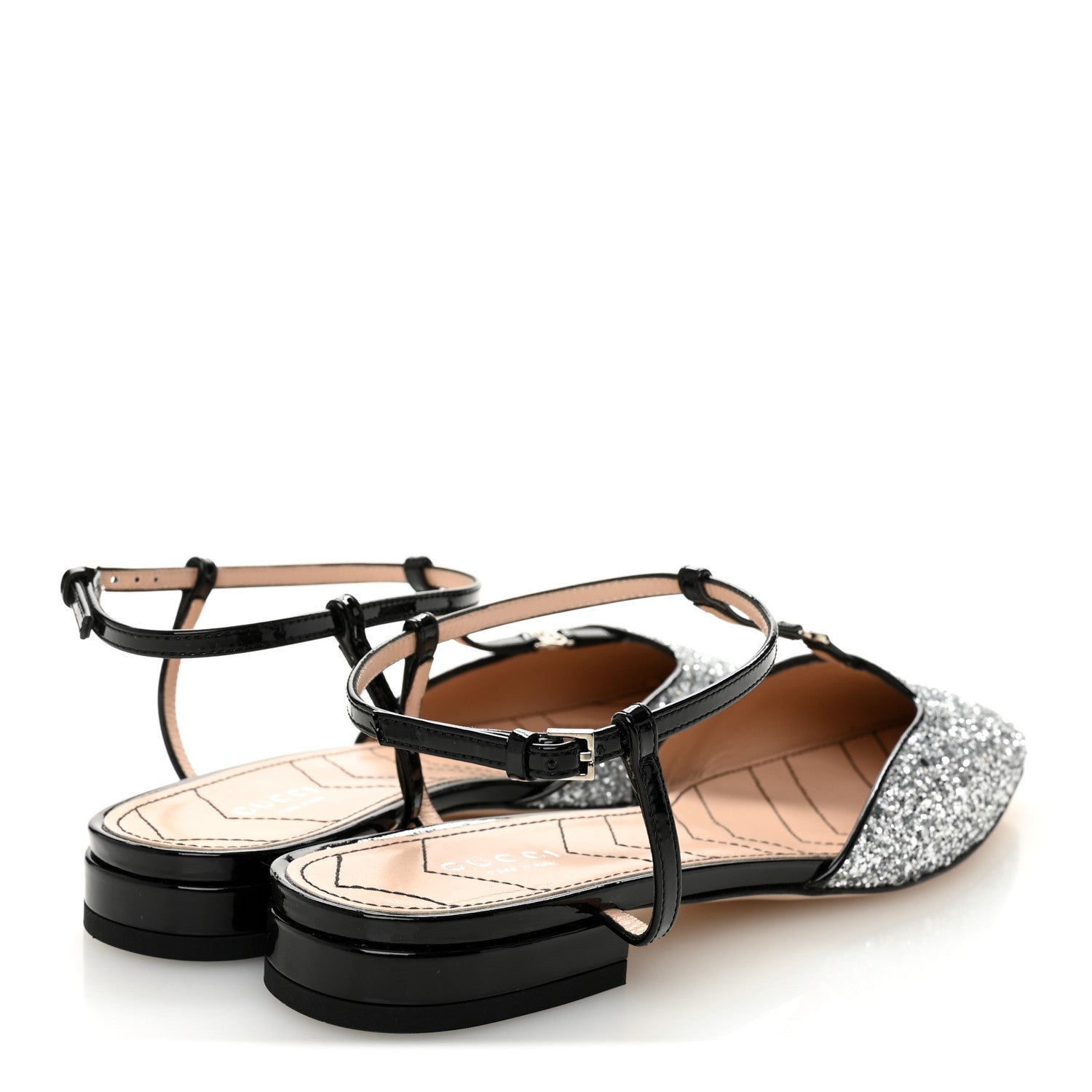Gucci Calfskin Glitter Double G Slingback Flats 39 Silver Black 4 of 8