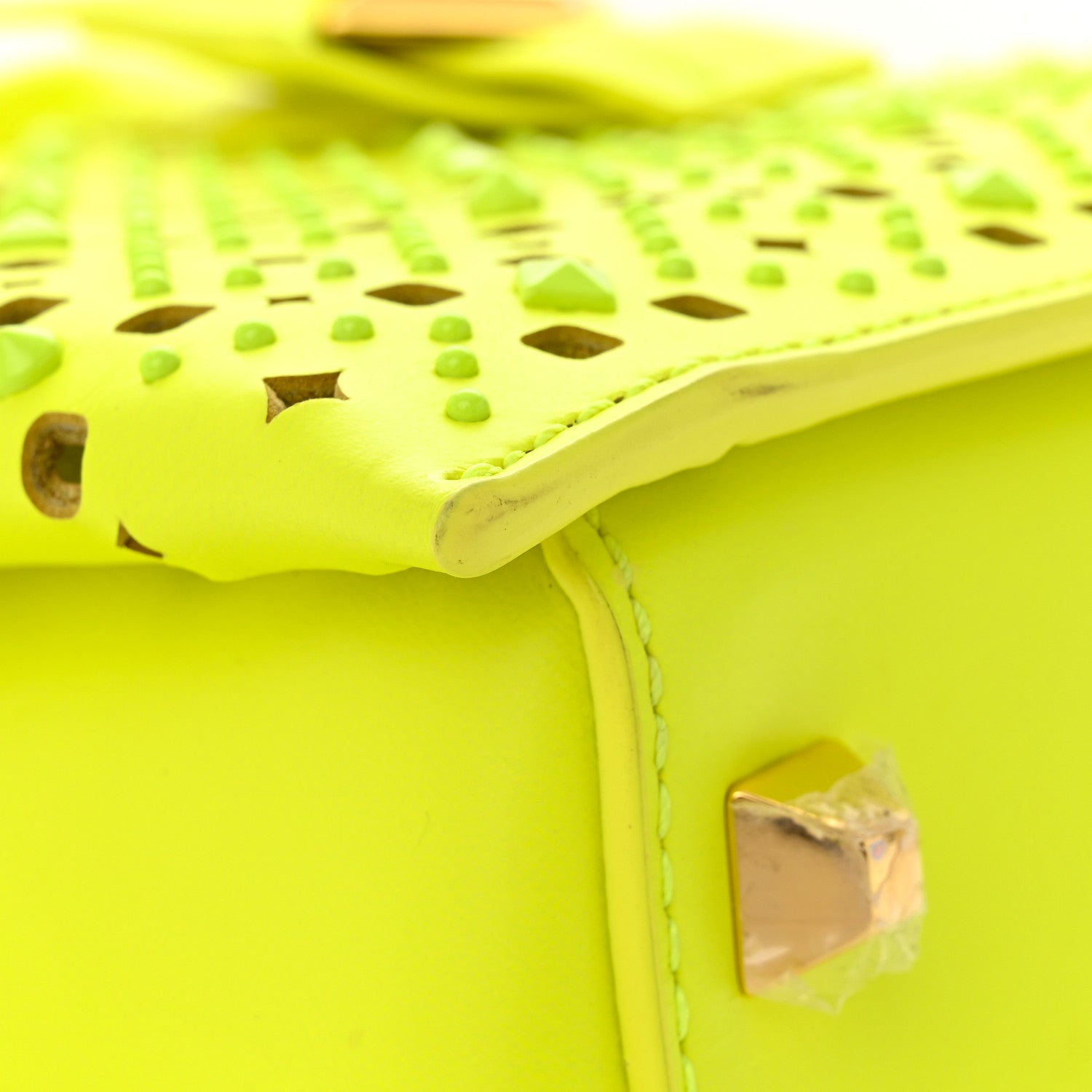 MCM Perforated Calfskin Studded Mini Milla Tote Neon Yellow 9 of 15