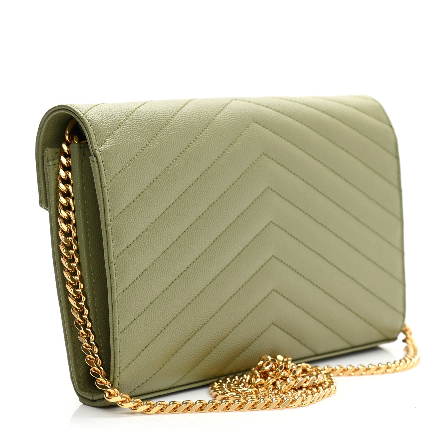 Saint Laurent Grain De Poudre Matelasse Chevron Monogram Chain Wallet Pistachio 3 of 7