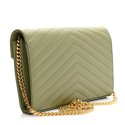 Saint Laurent Grain De Poudre Matelasse Chevron Monogram Chain Wallet Pistachio 3 of 7