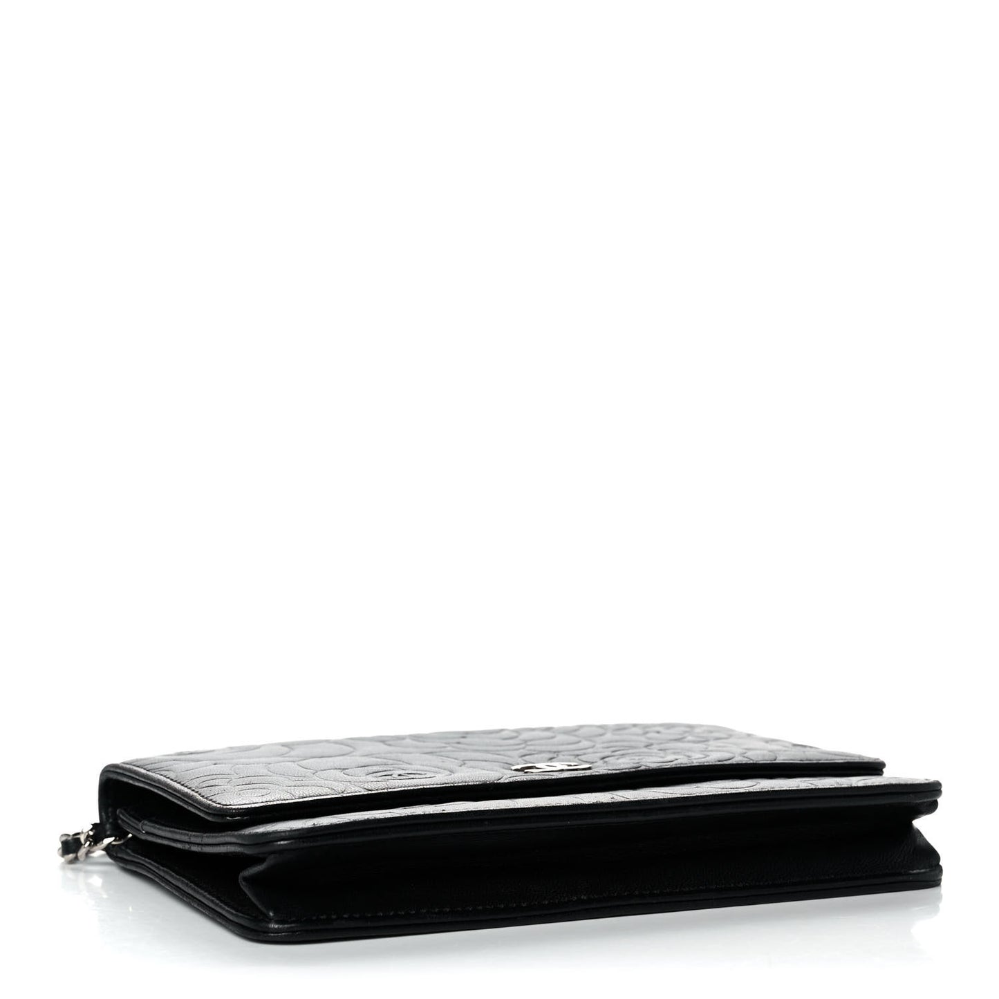 Lambskin Camellia Embossed Wallet on Chain WOC Black